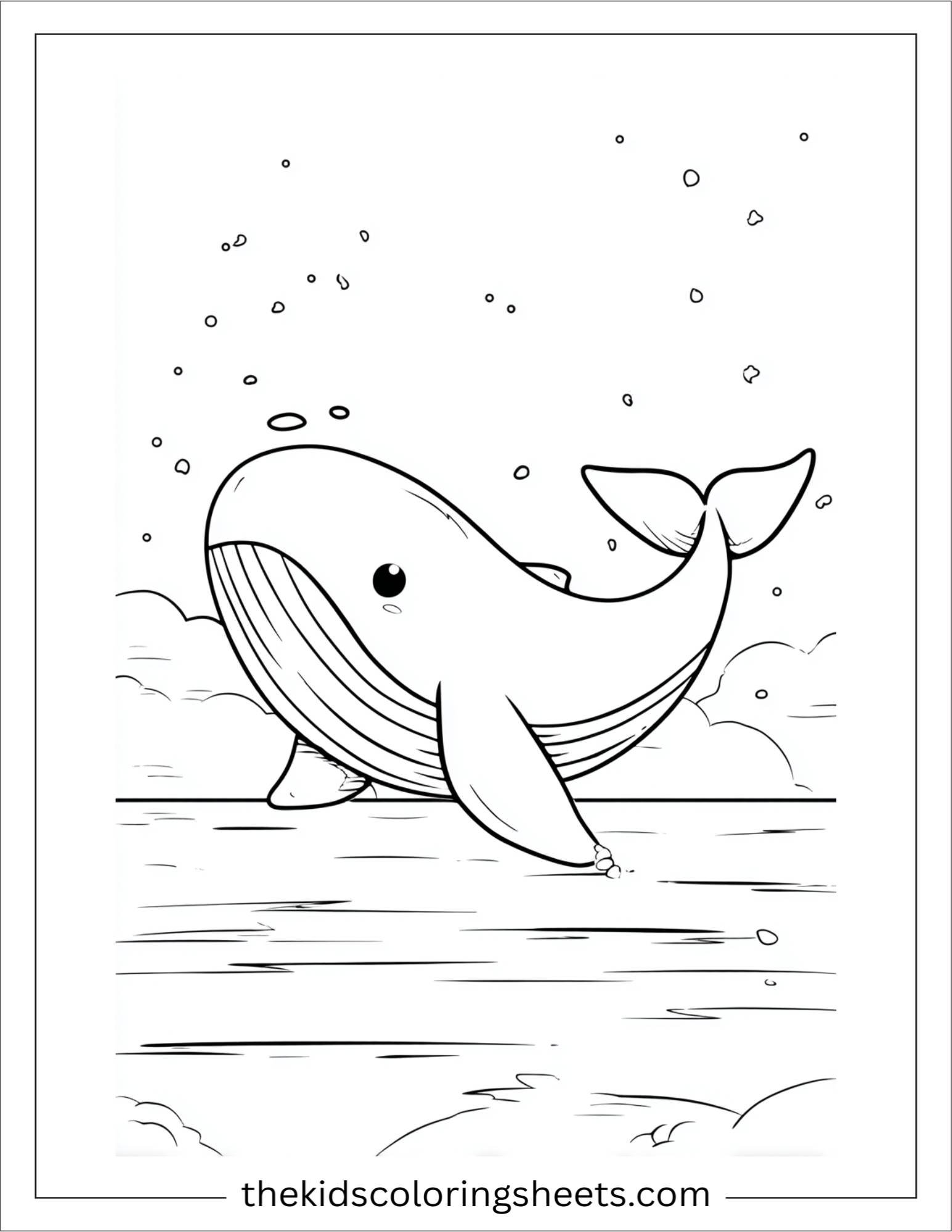 kids coloring sheet of Whale dancing in ocean swirl