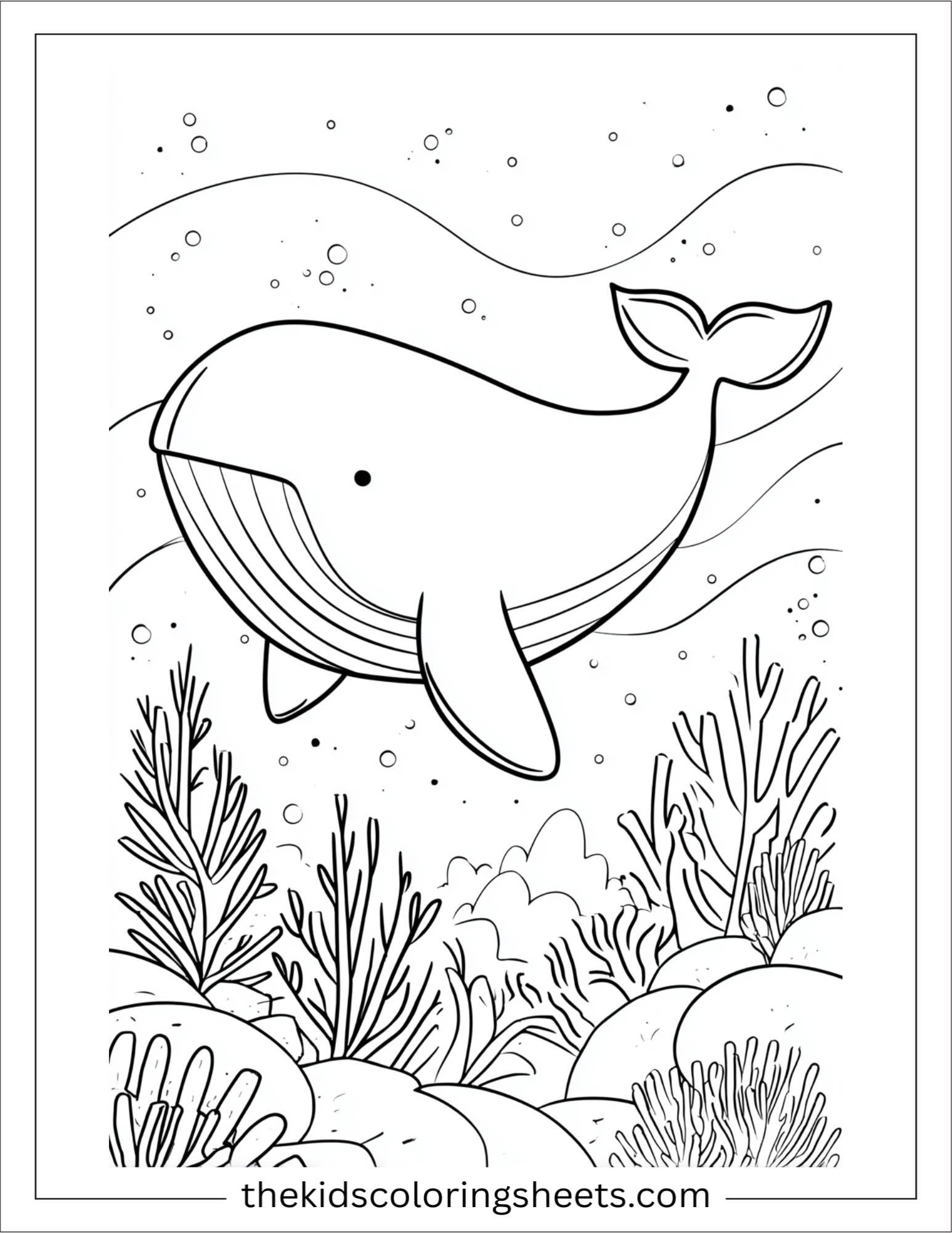 kids coloring sheet of Whale diving into deep sea