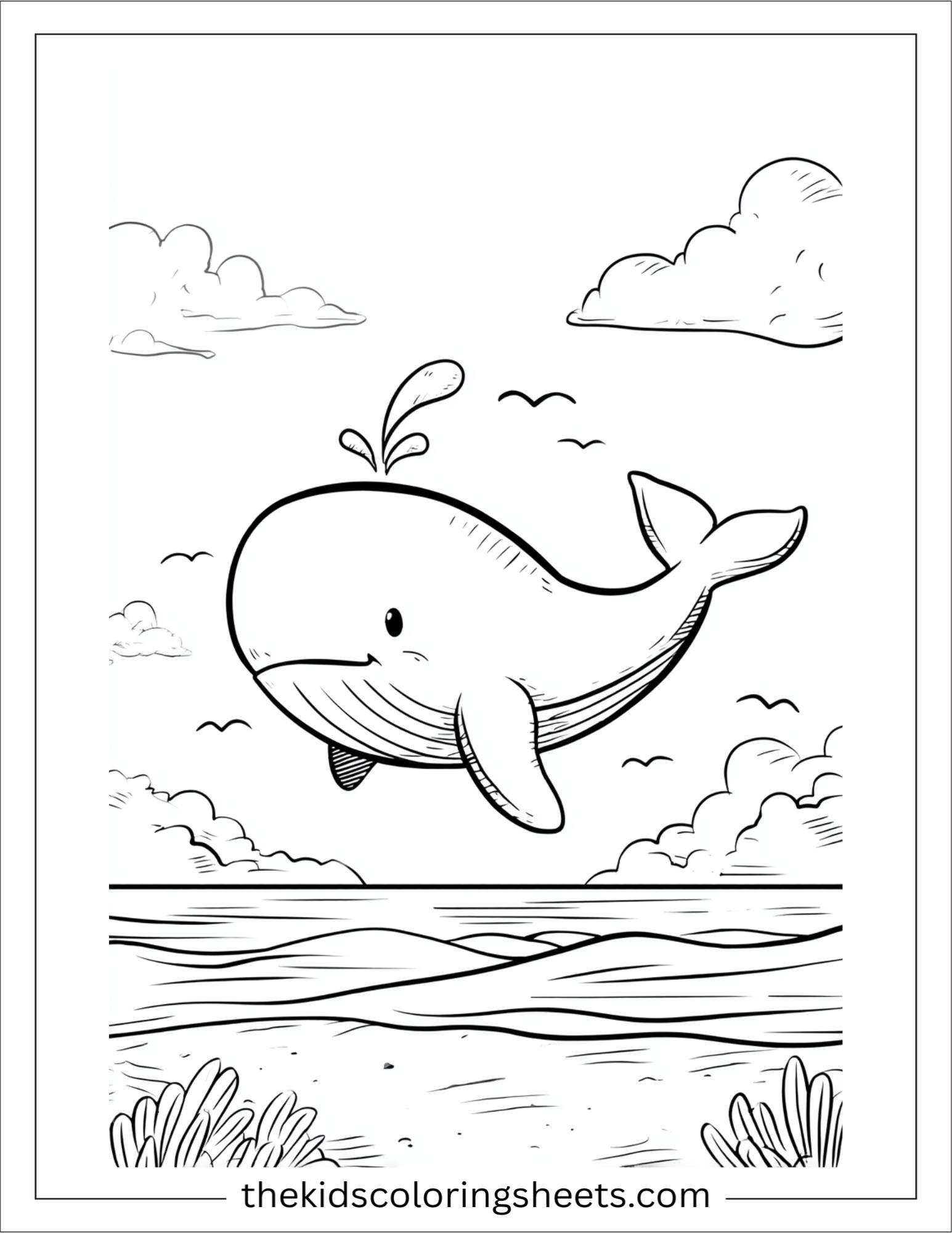 kids coloring sheet of Whale gliding with sea breeze