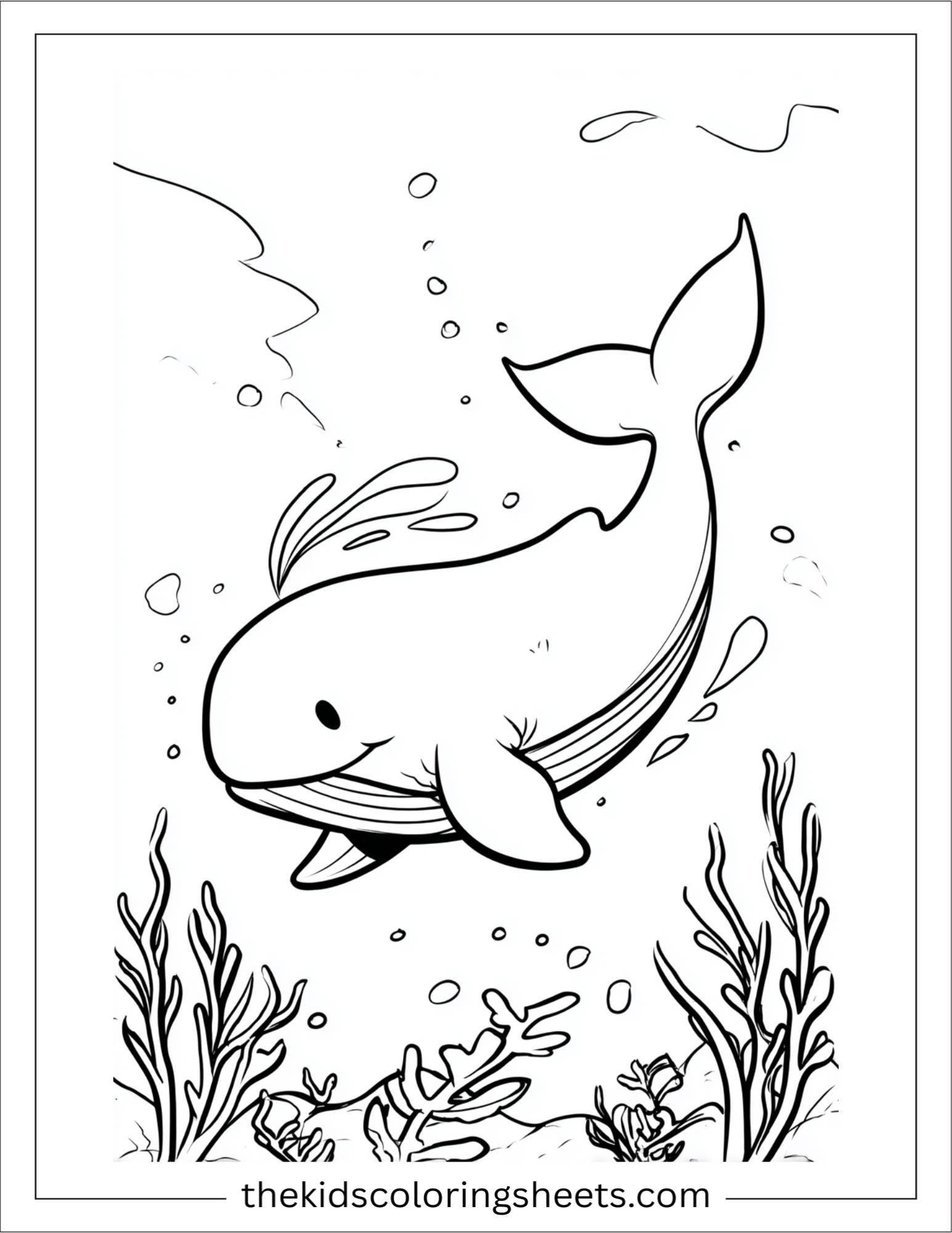 kids coloring sheet of Whale in mid-spin underwater