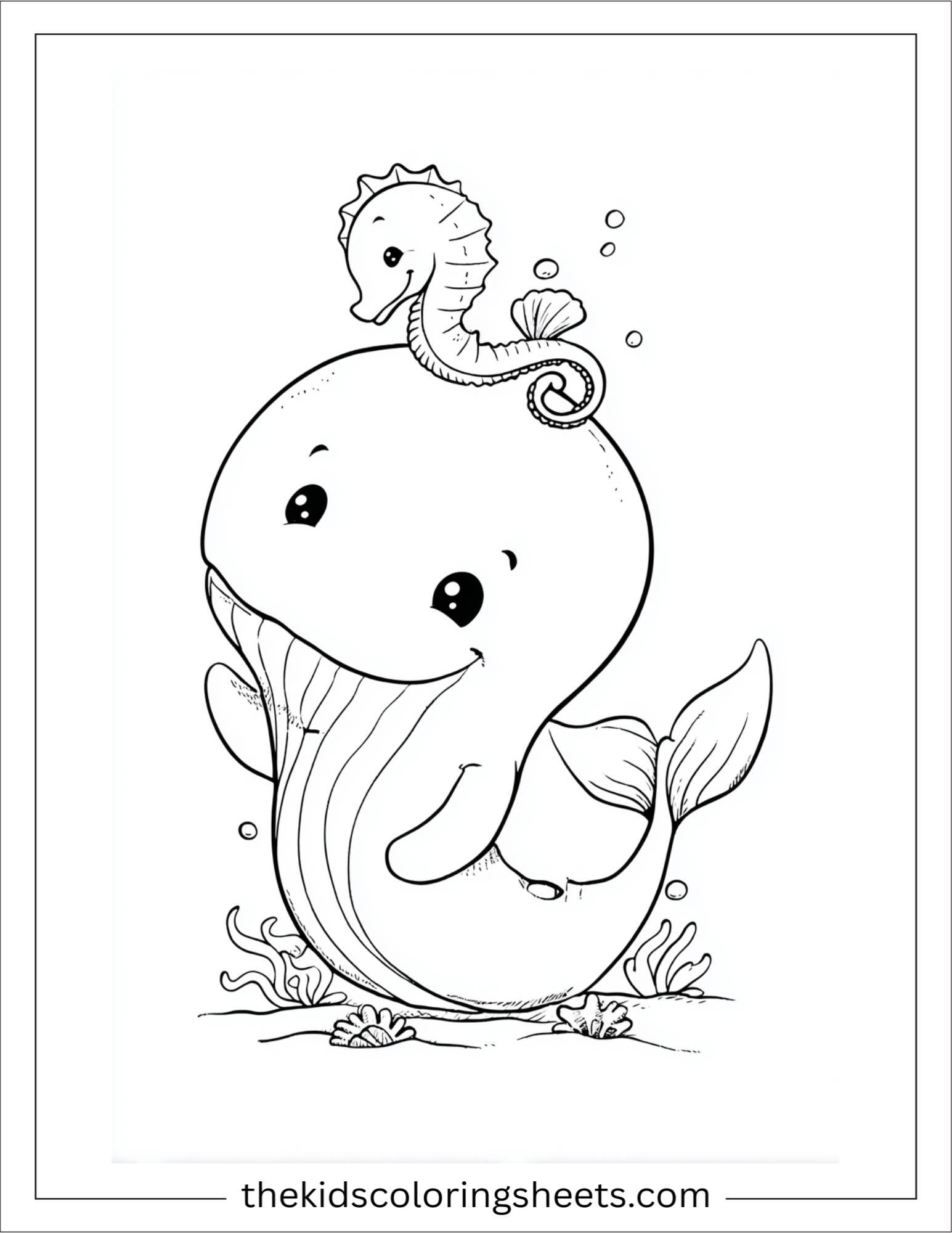 kids coloring sheet of Whale lifting a seahorse