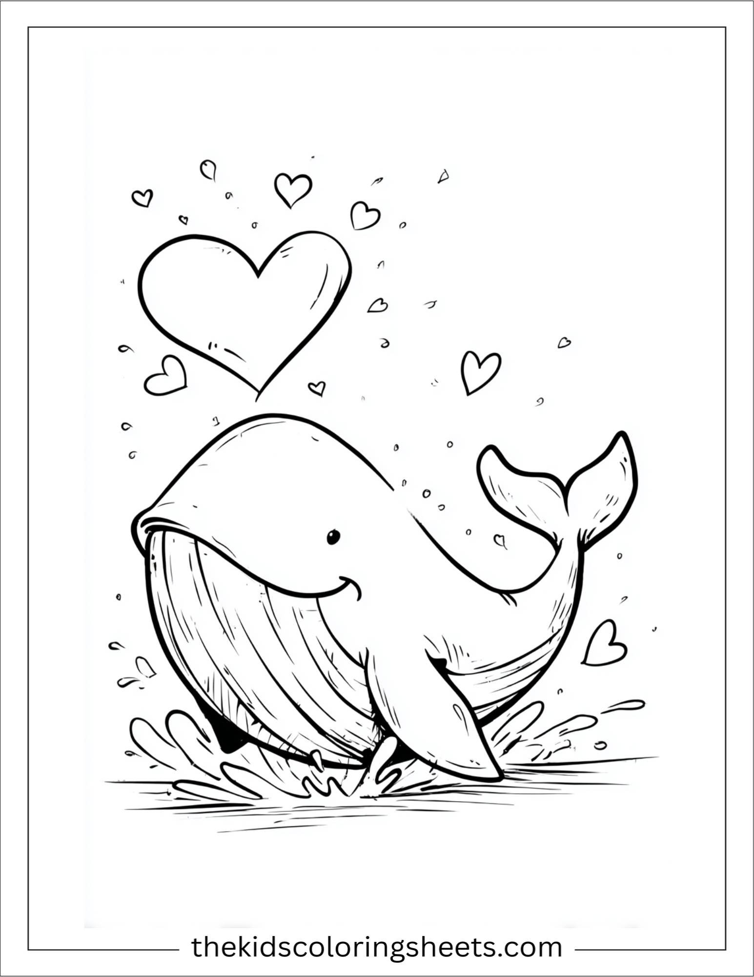 kids coloring sheet of Whale making heart shape splash