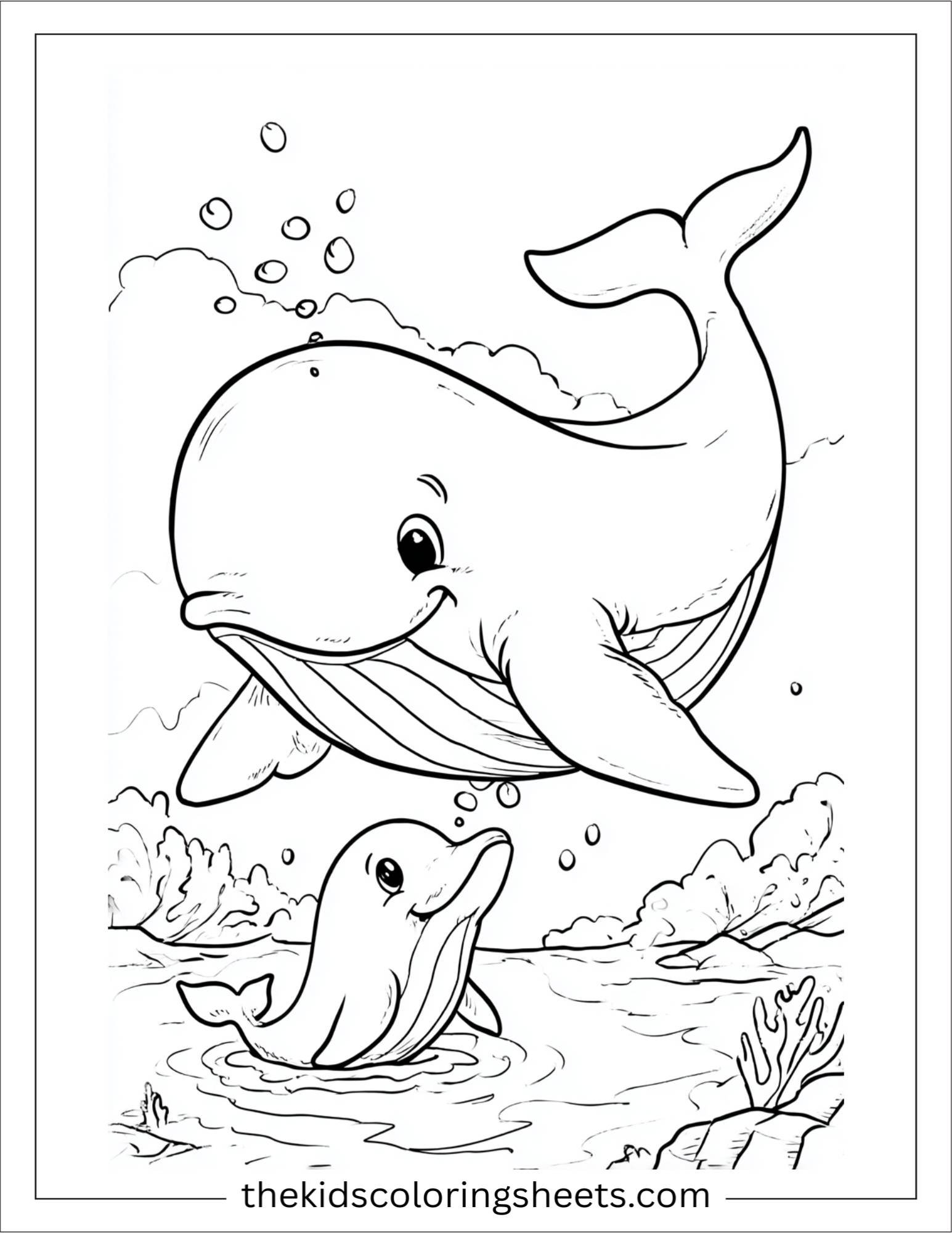 kids coloring sheet of Whale playing with dolphin