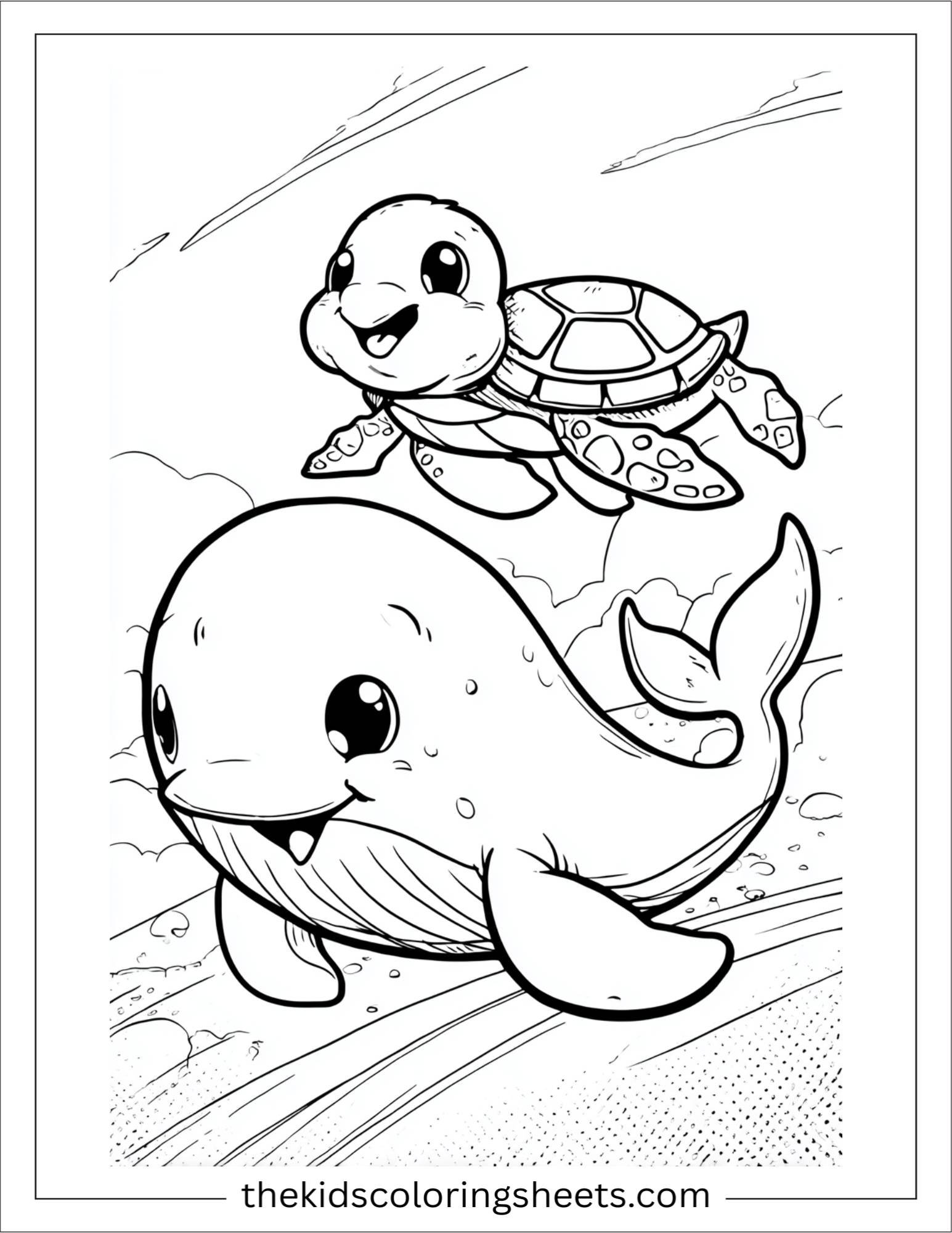 kids coloring sheet of Whale racing with sea turtle