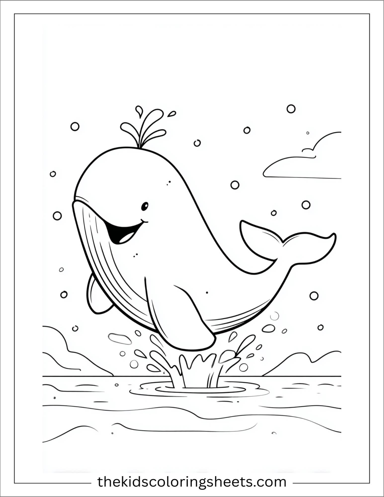 kids coloring sheet of Whale splashing joyfully