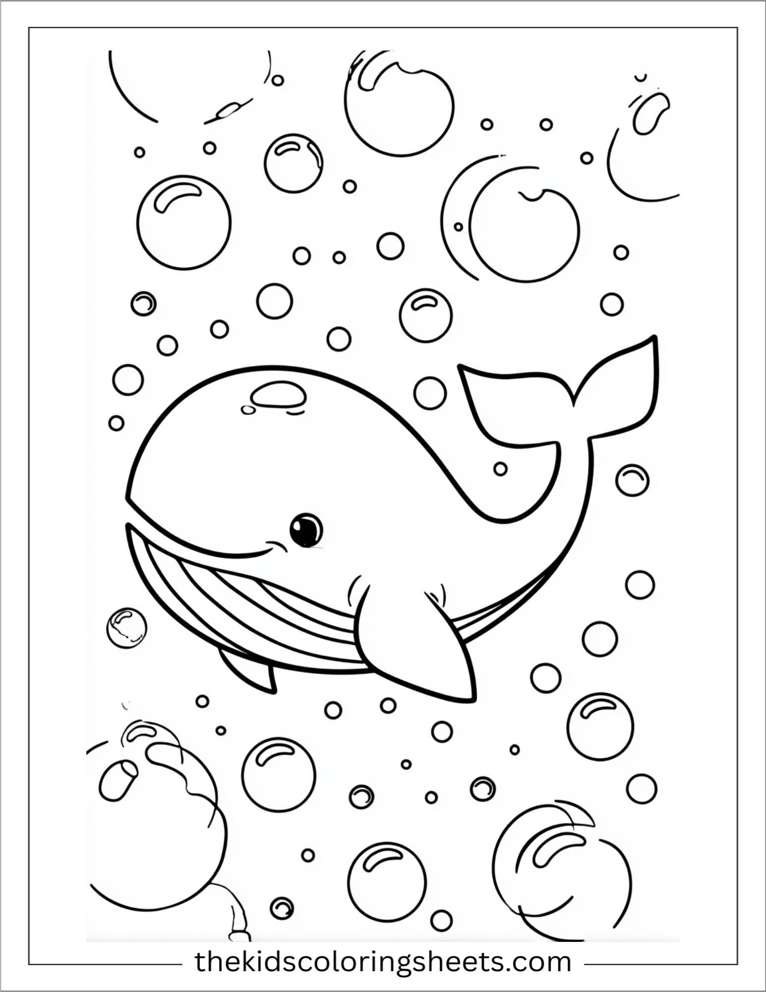 kids coloring sheet of Whale surrounded by bubbles