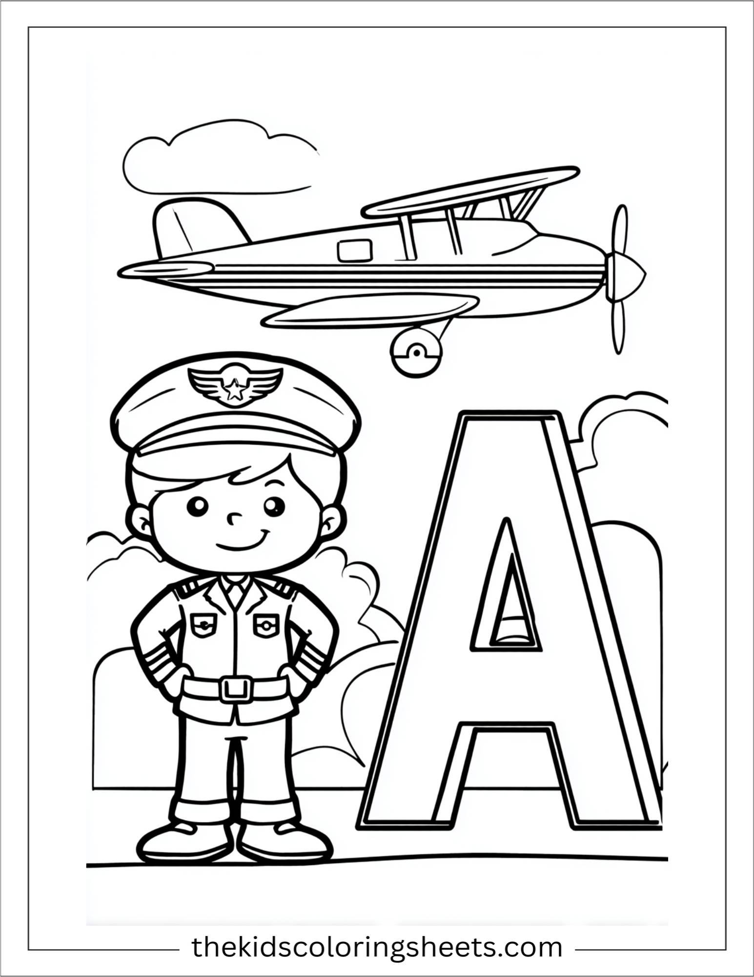 alphabet A airplane pilot kid coloring page