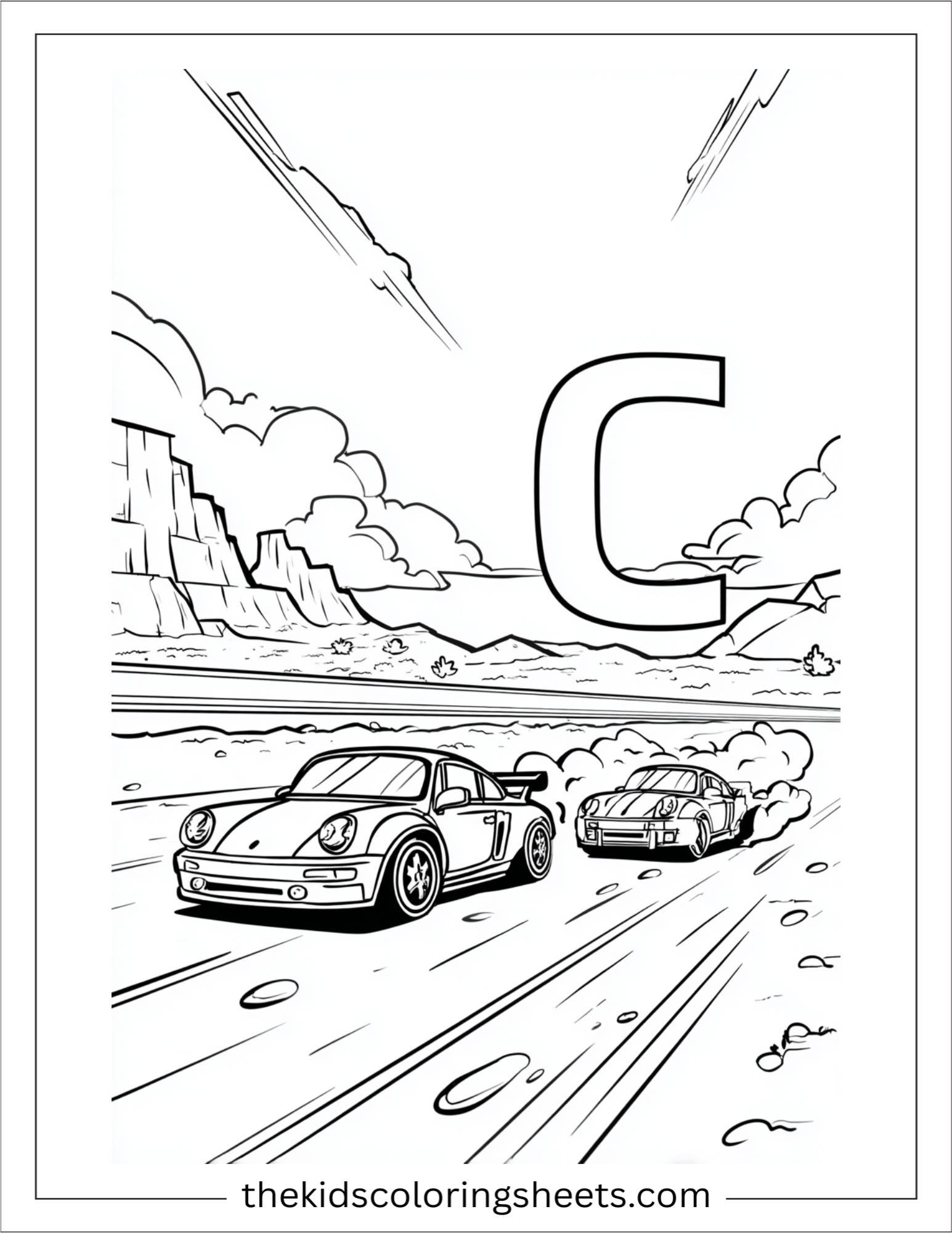 alphabet C car race coloring page