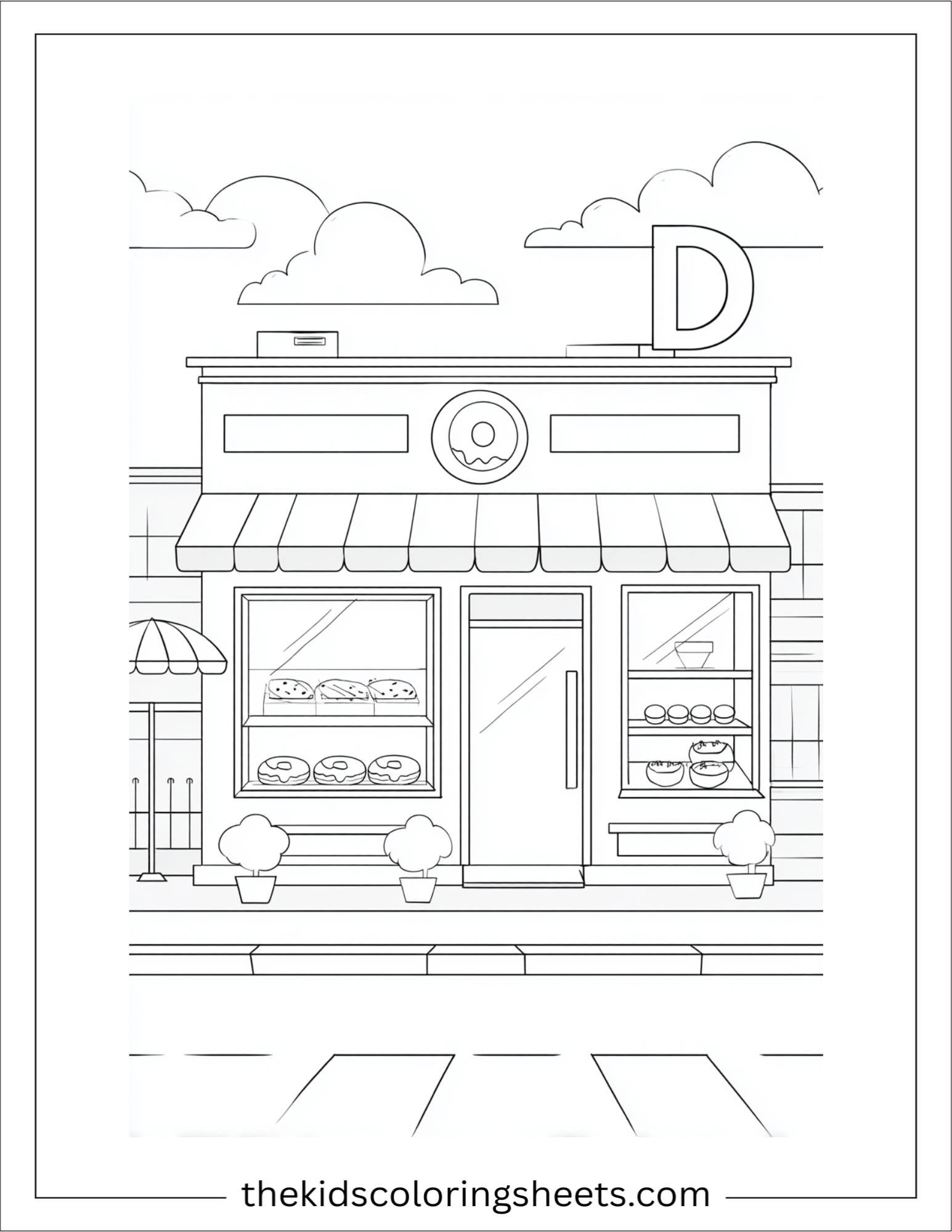alphabet D donut shop coloring page