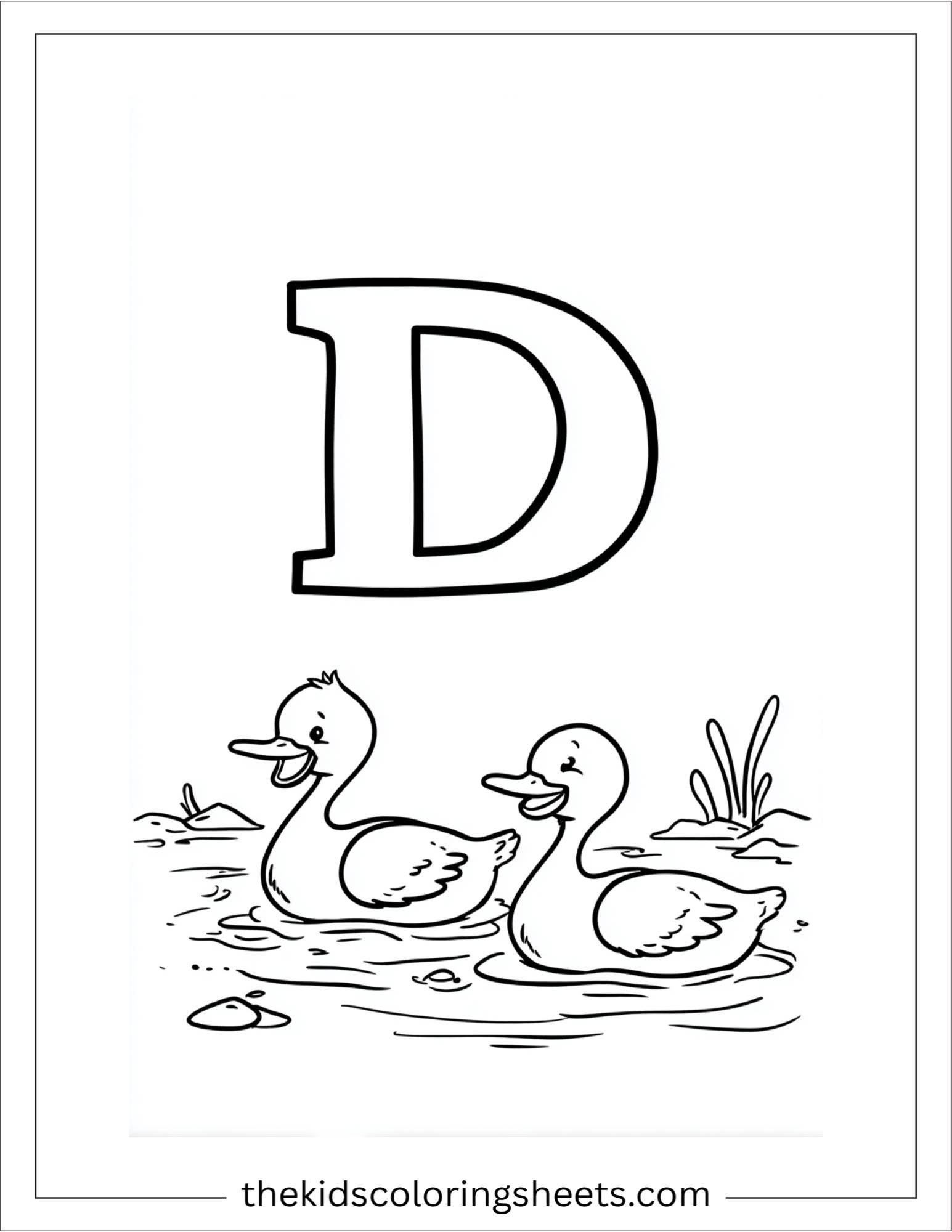 alphabet D duck pond coloring page