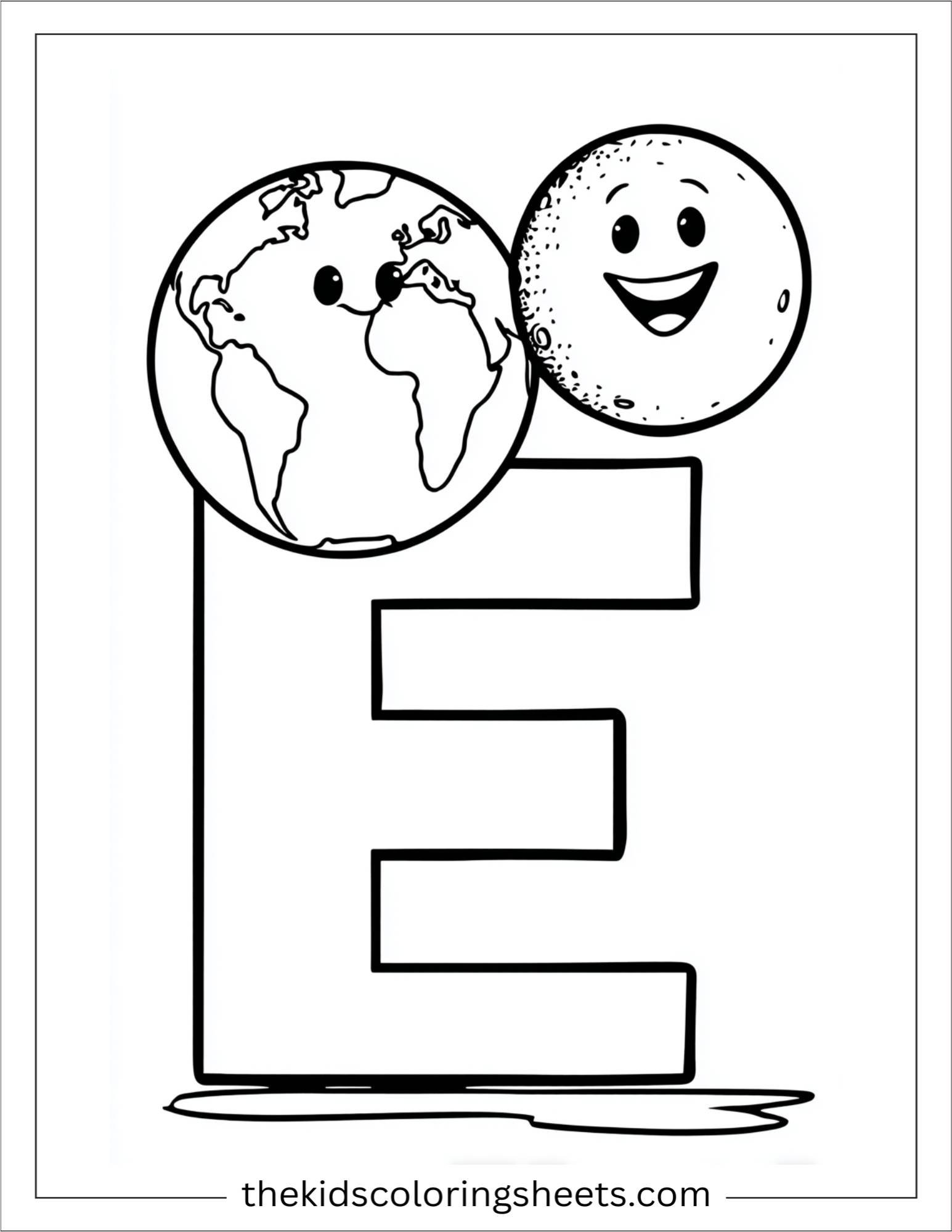 alphabet E earth and moon coloring page