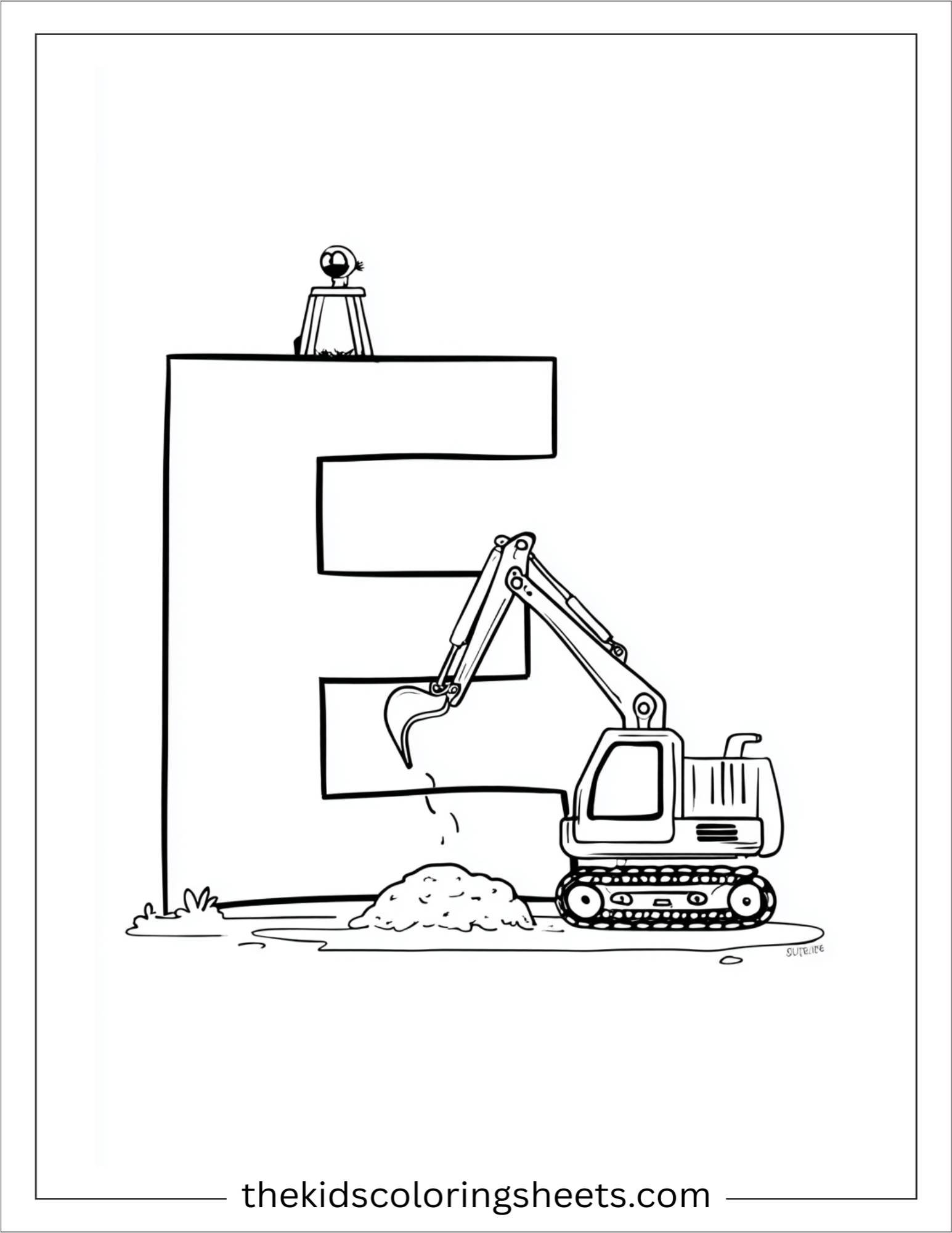 alphabet E excavator site coloring page