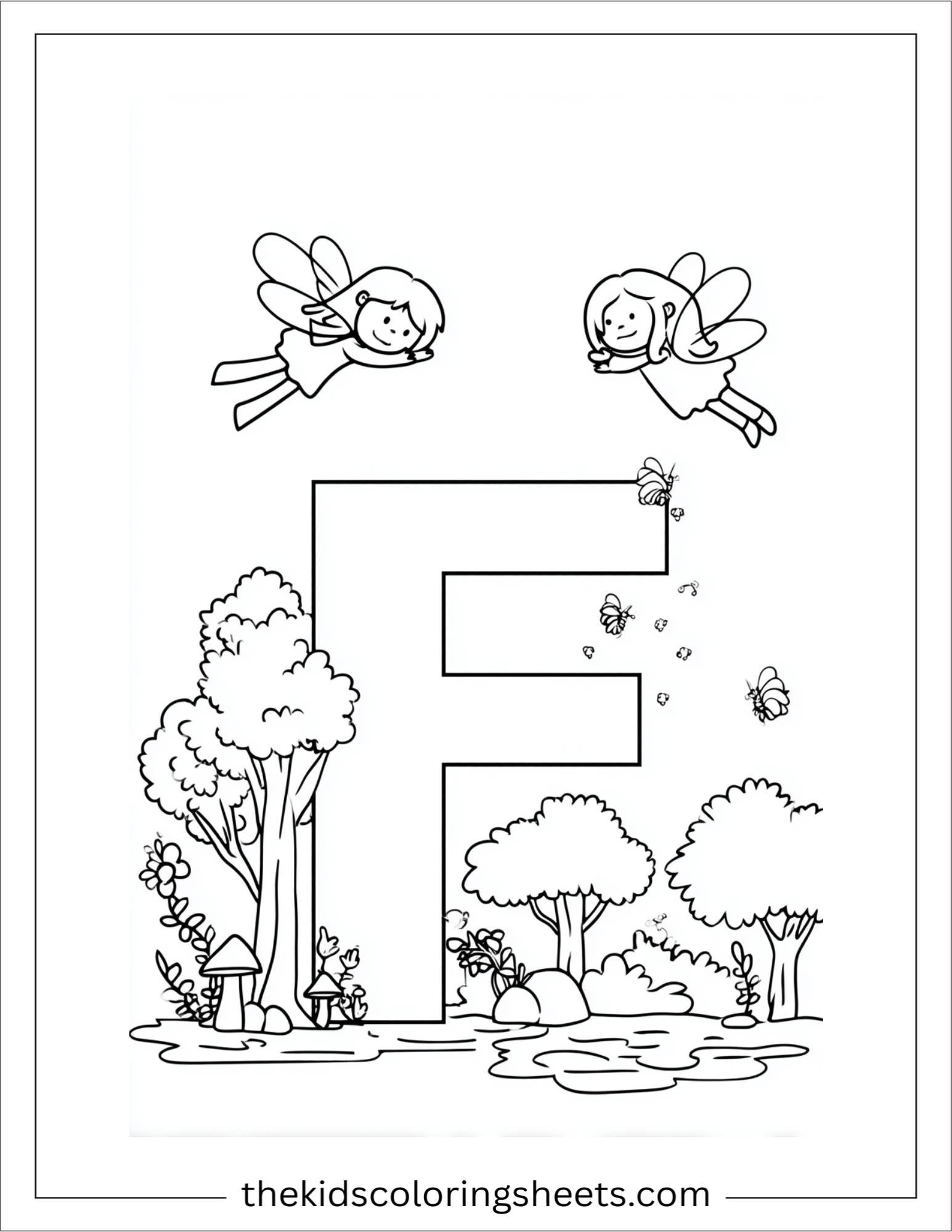 alphabet F fairy forest coloring page