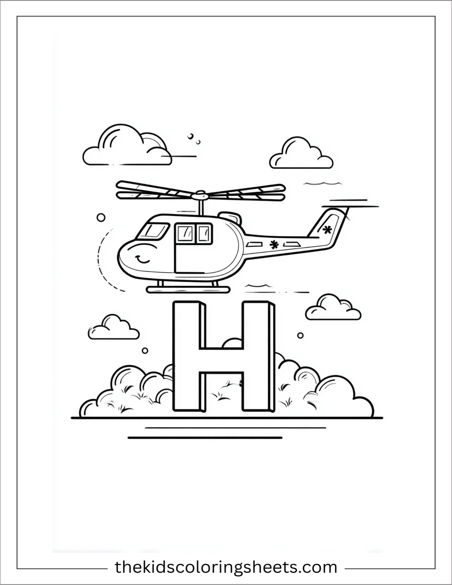 alphabet H helicopter sky coloring page