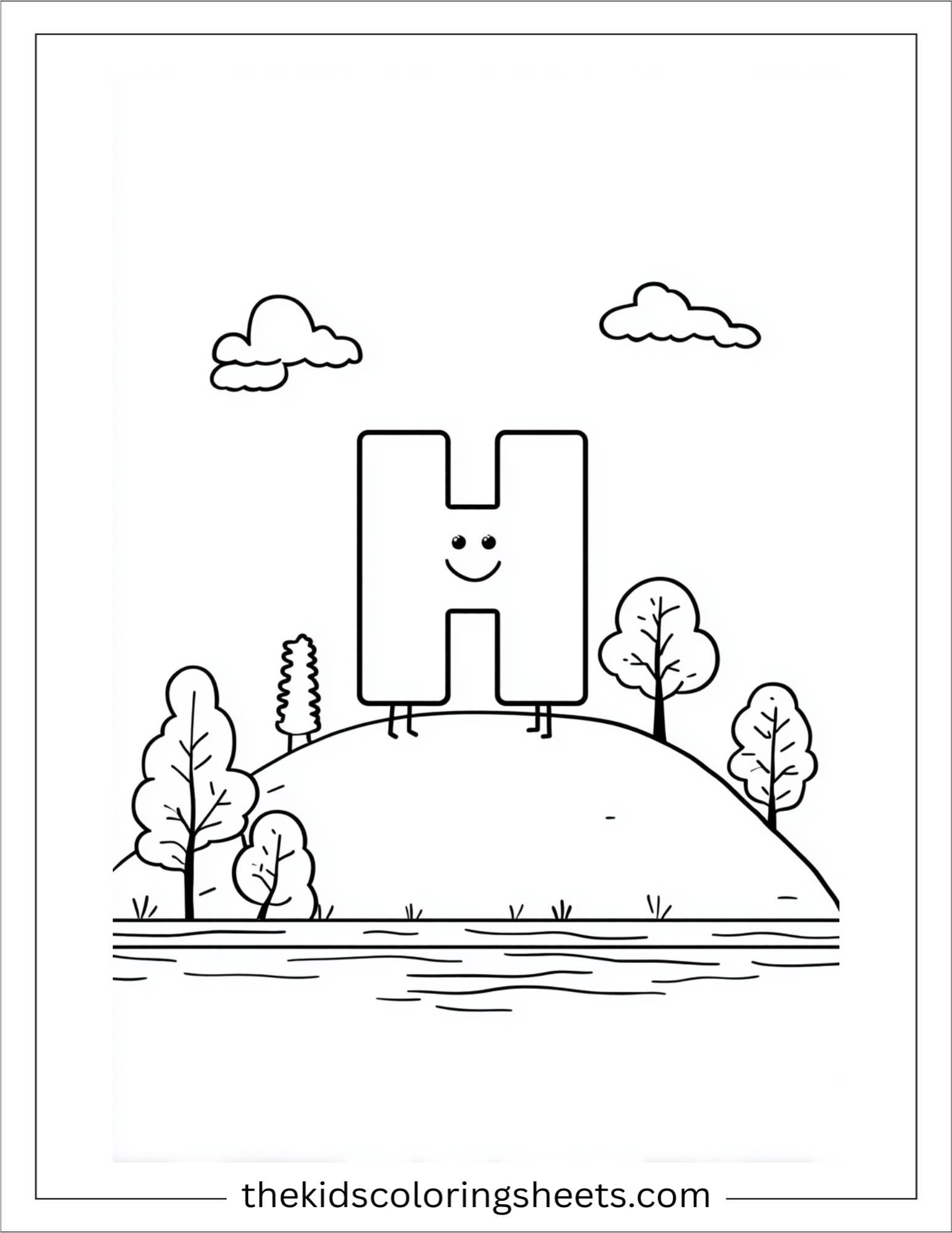 alphabet H hill trees coloring page