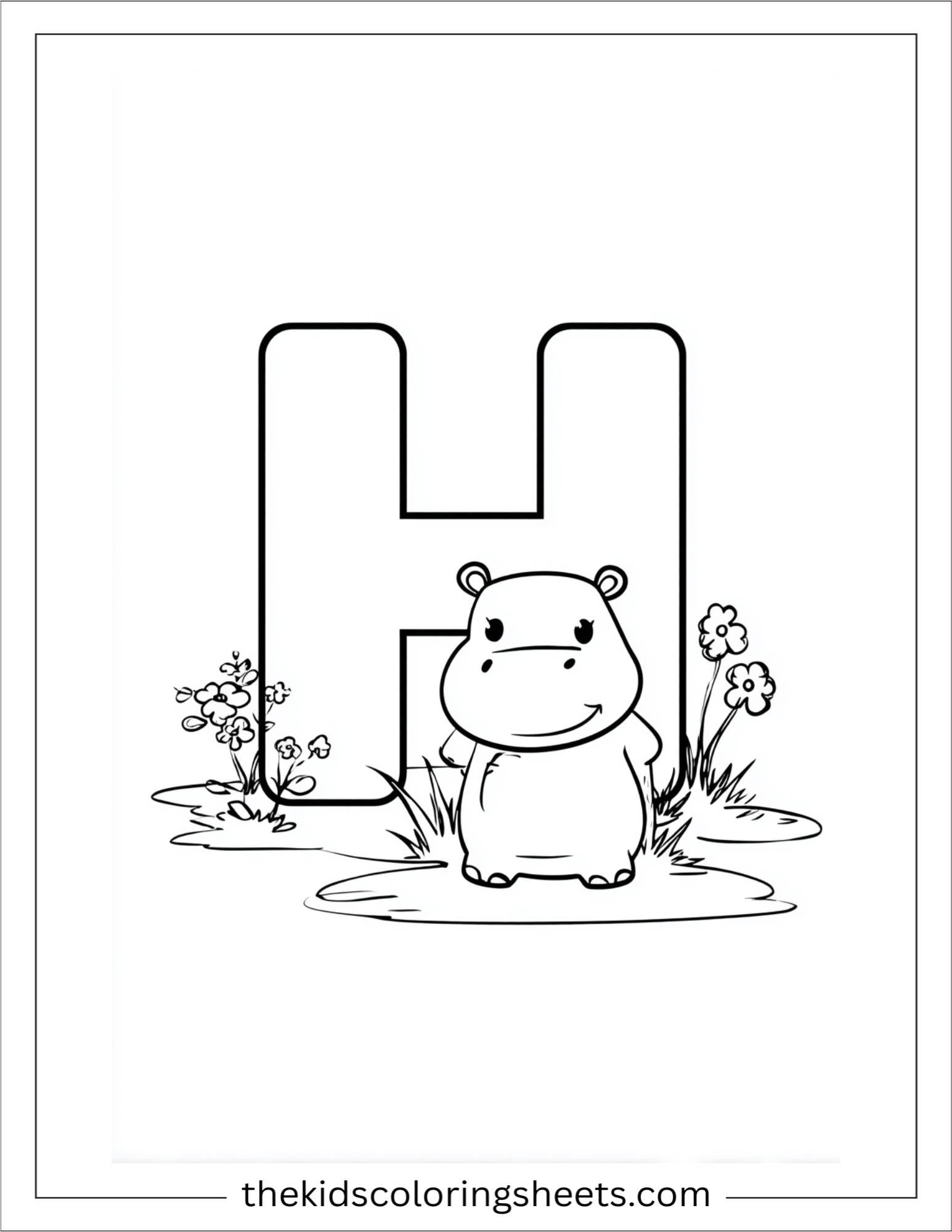 alphabet H hippo coloring page