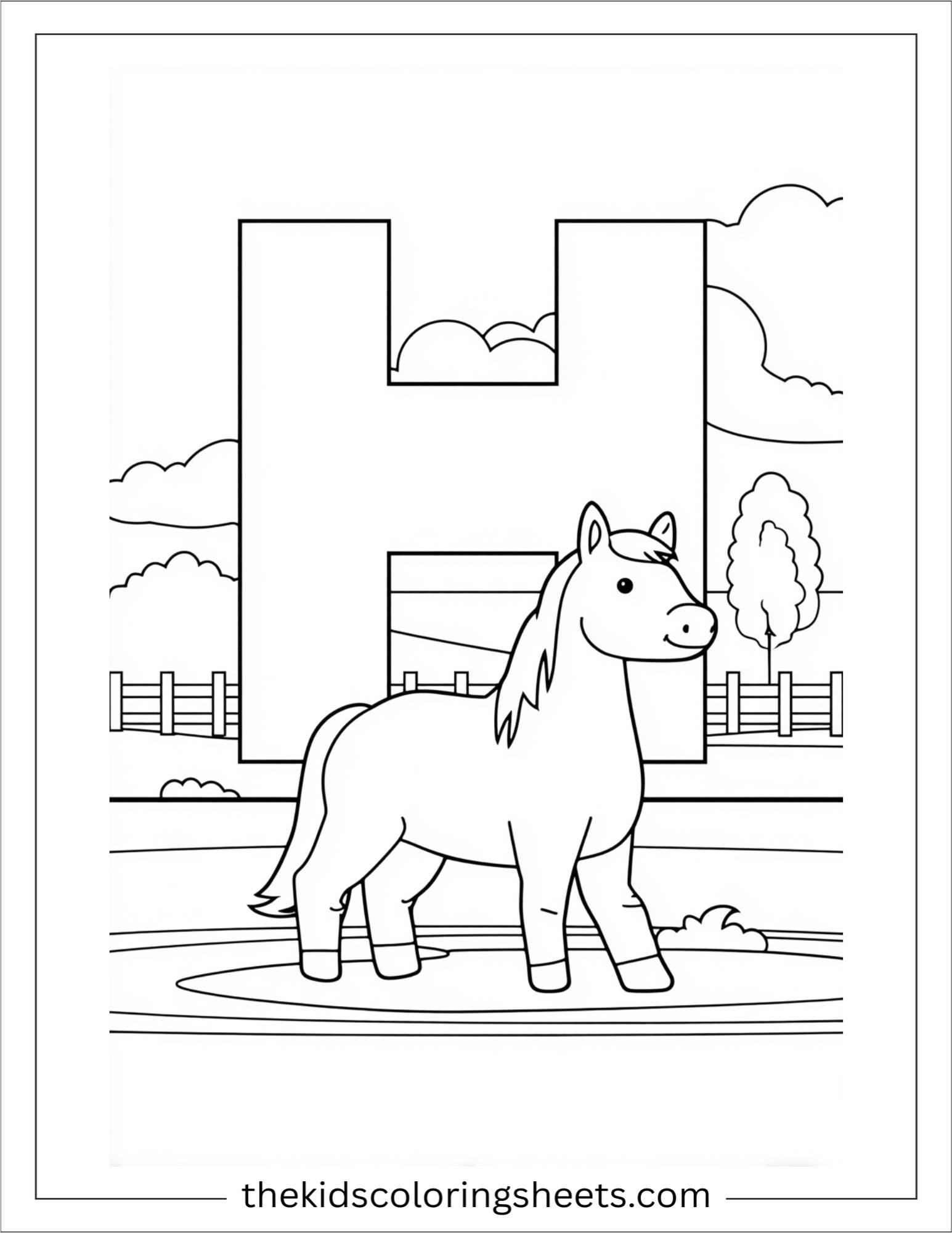alphabet H horse farm coloring page