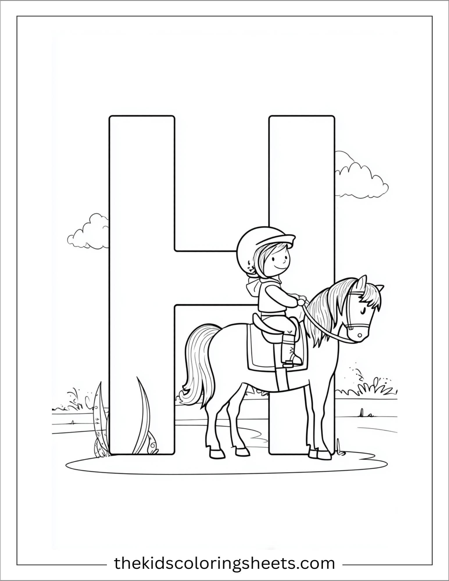 alphabet H horse rider coloring page