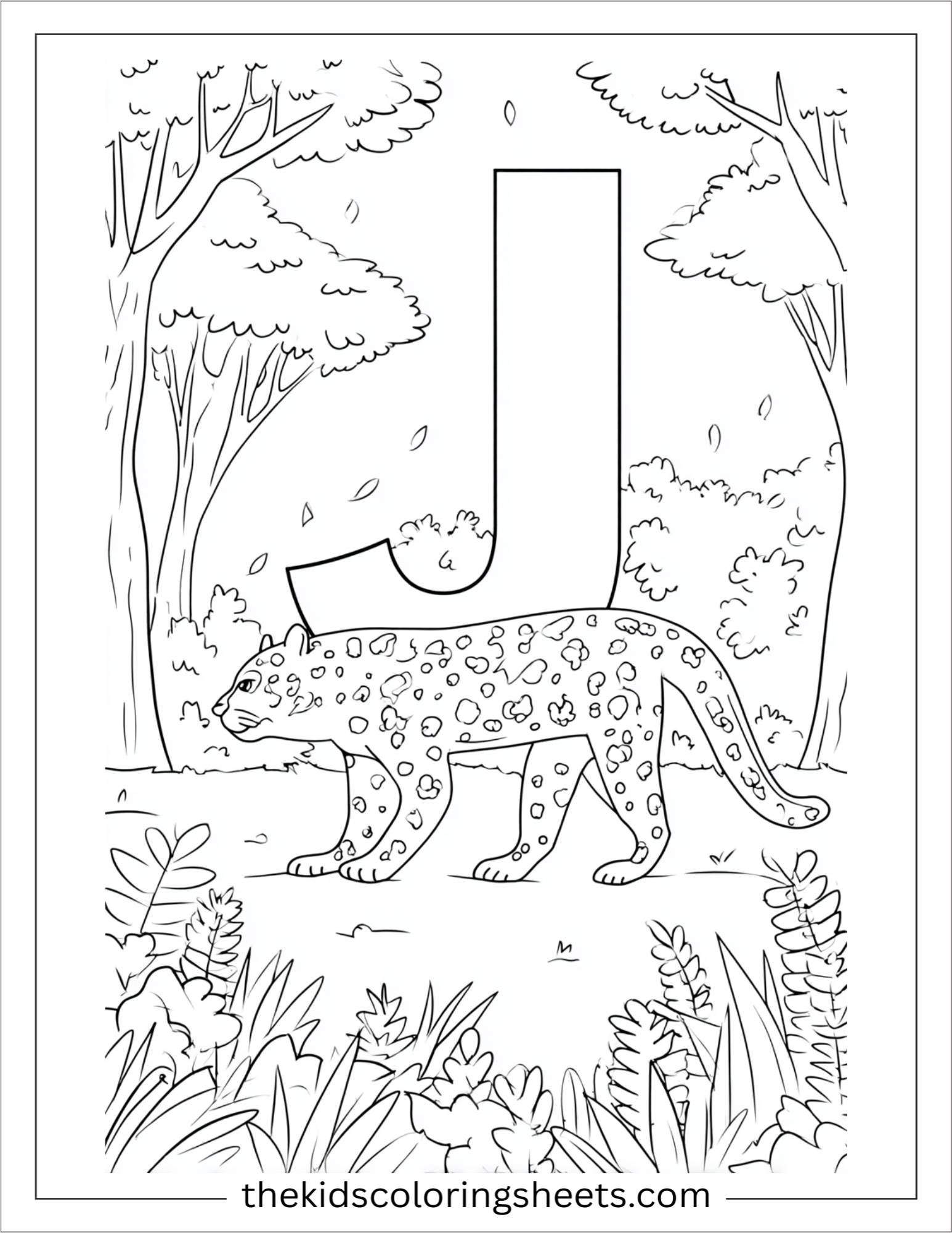 alphabet J jaguar jungle coloring page