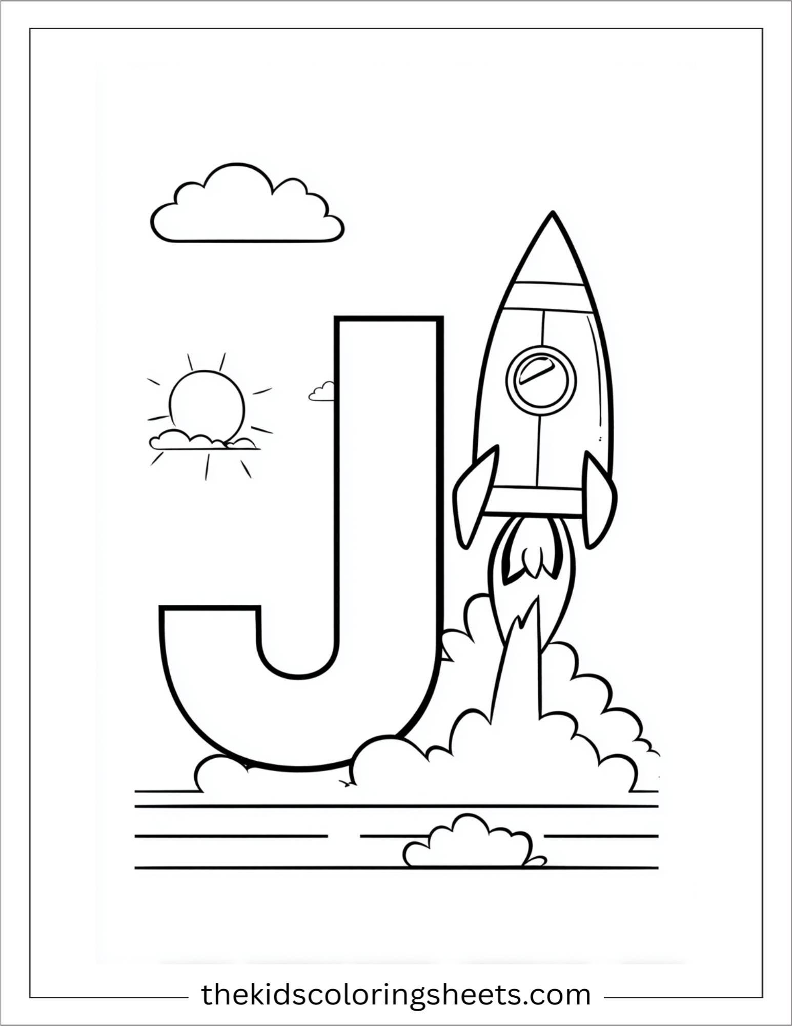 alphabet J jet rocket coloring page