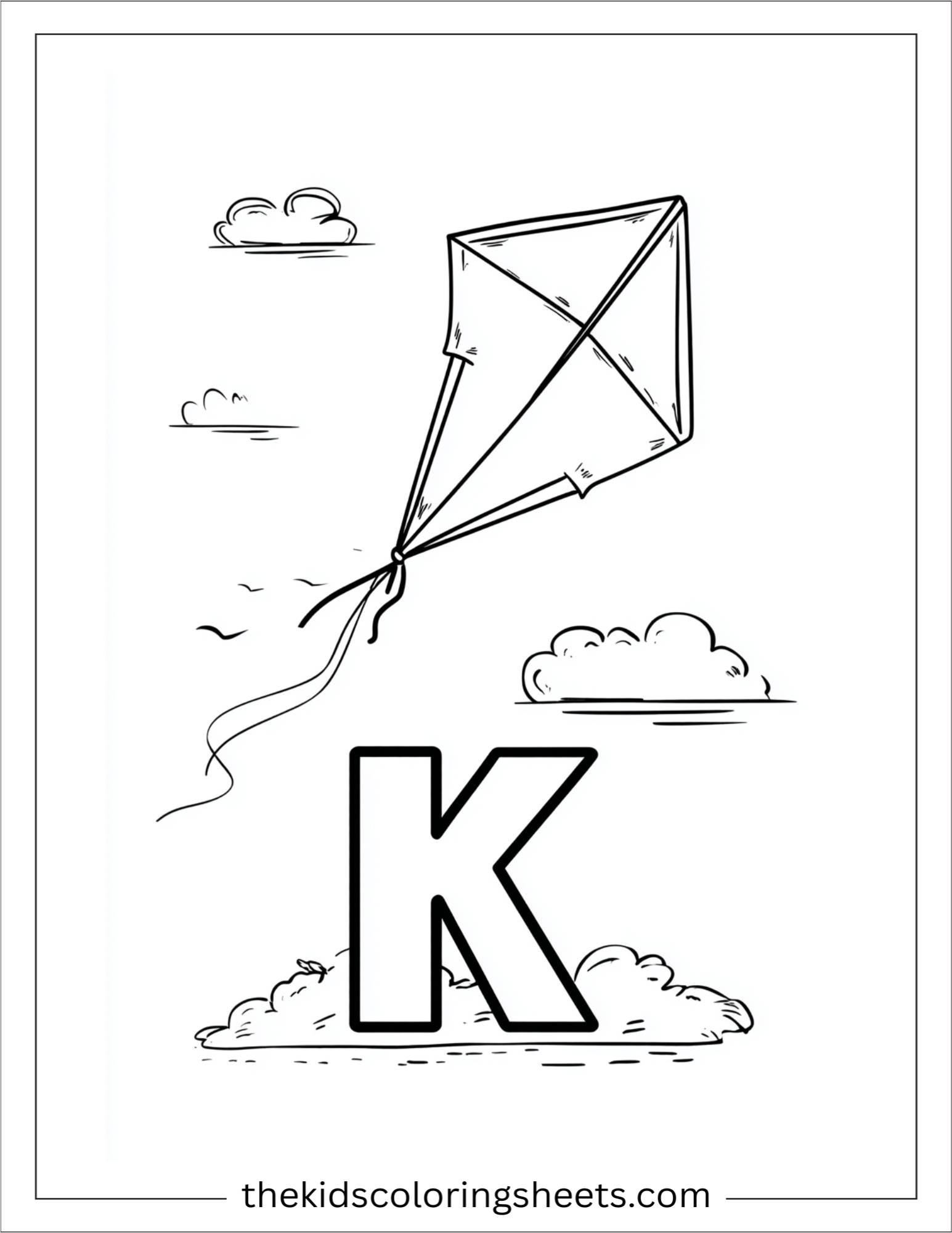 alphabet K kite flying coloring page