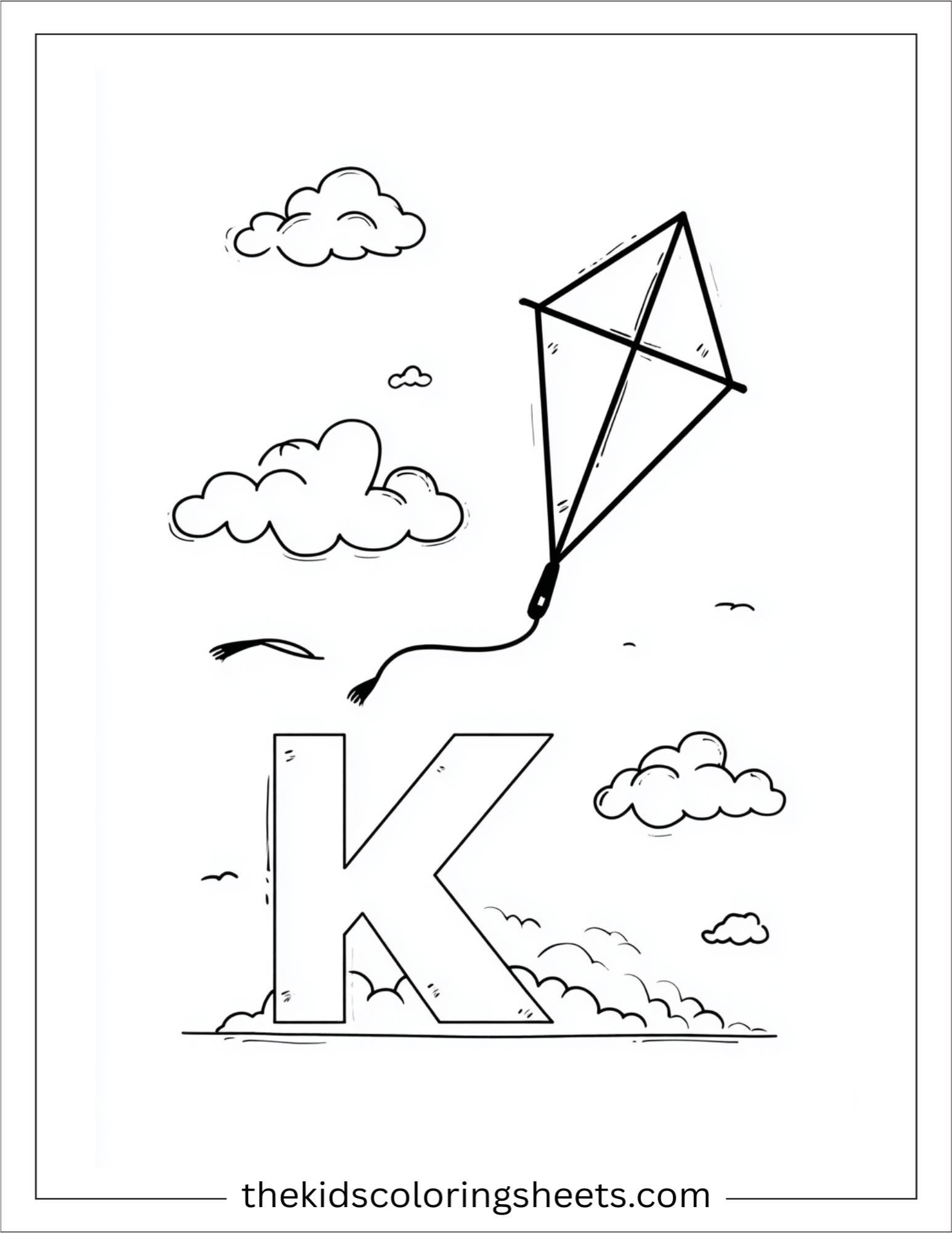 alphabet K kite sky coloring page