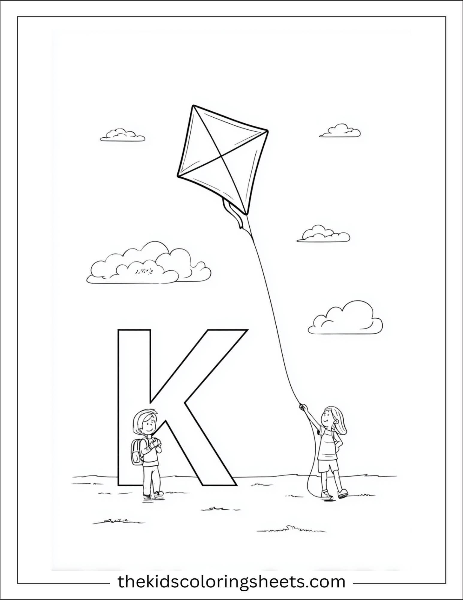 alphabet K kite string coloring page