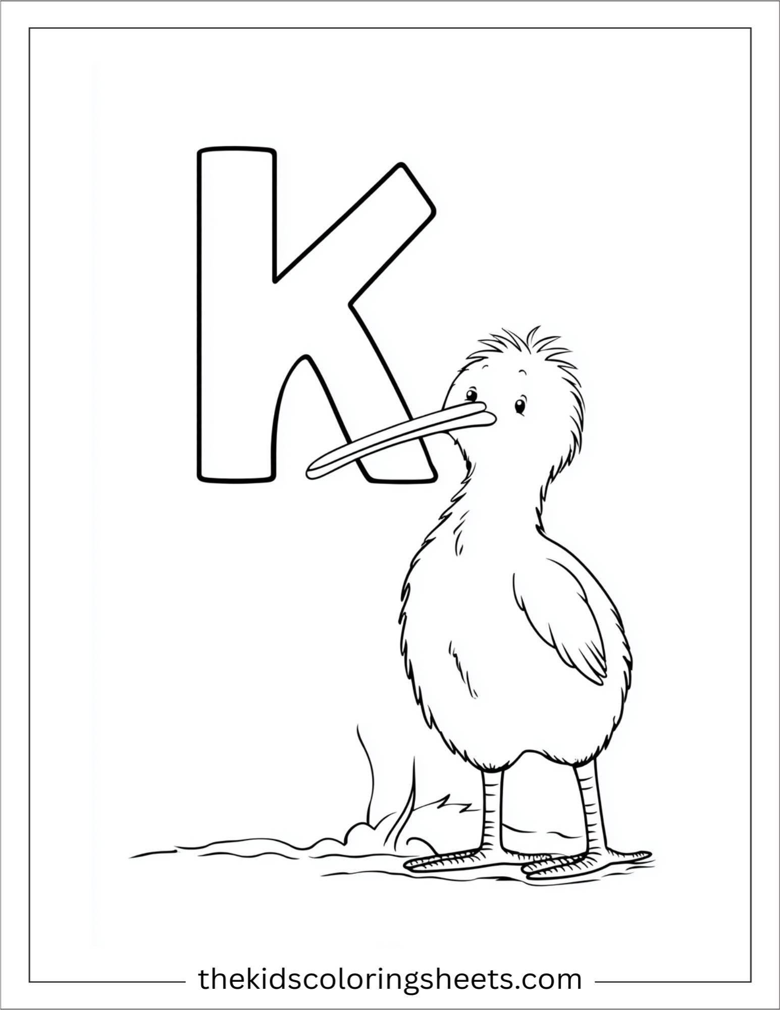 alphabet K kiwi bird coloring page