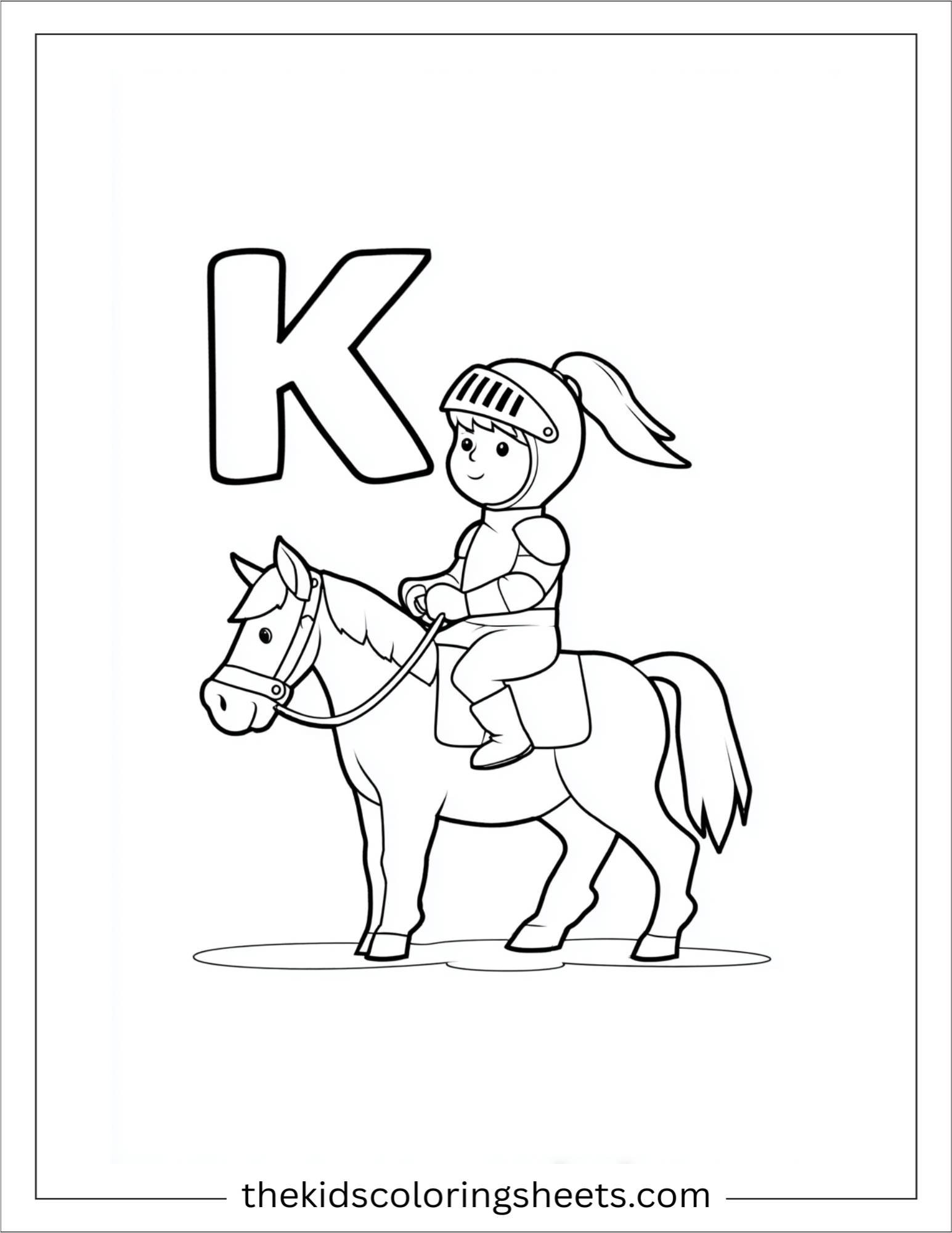 alphabet K knight horse coloring page