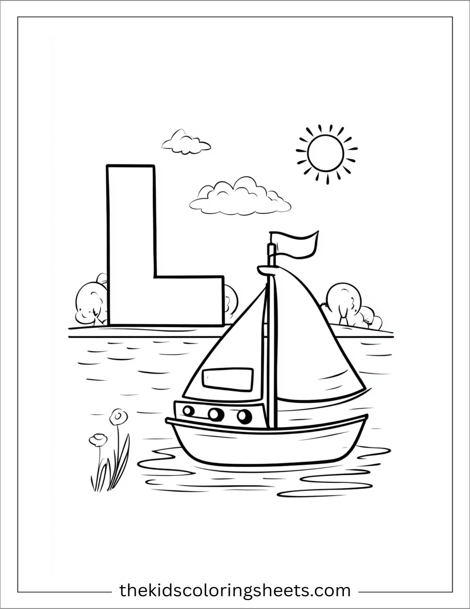 alphabet L lake boat coloring page