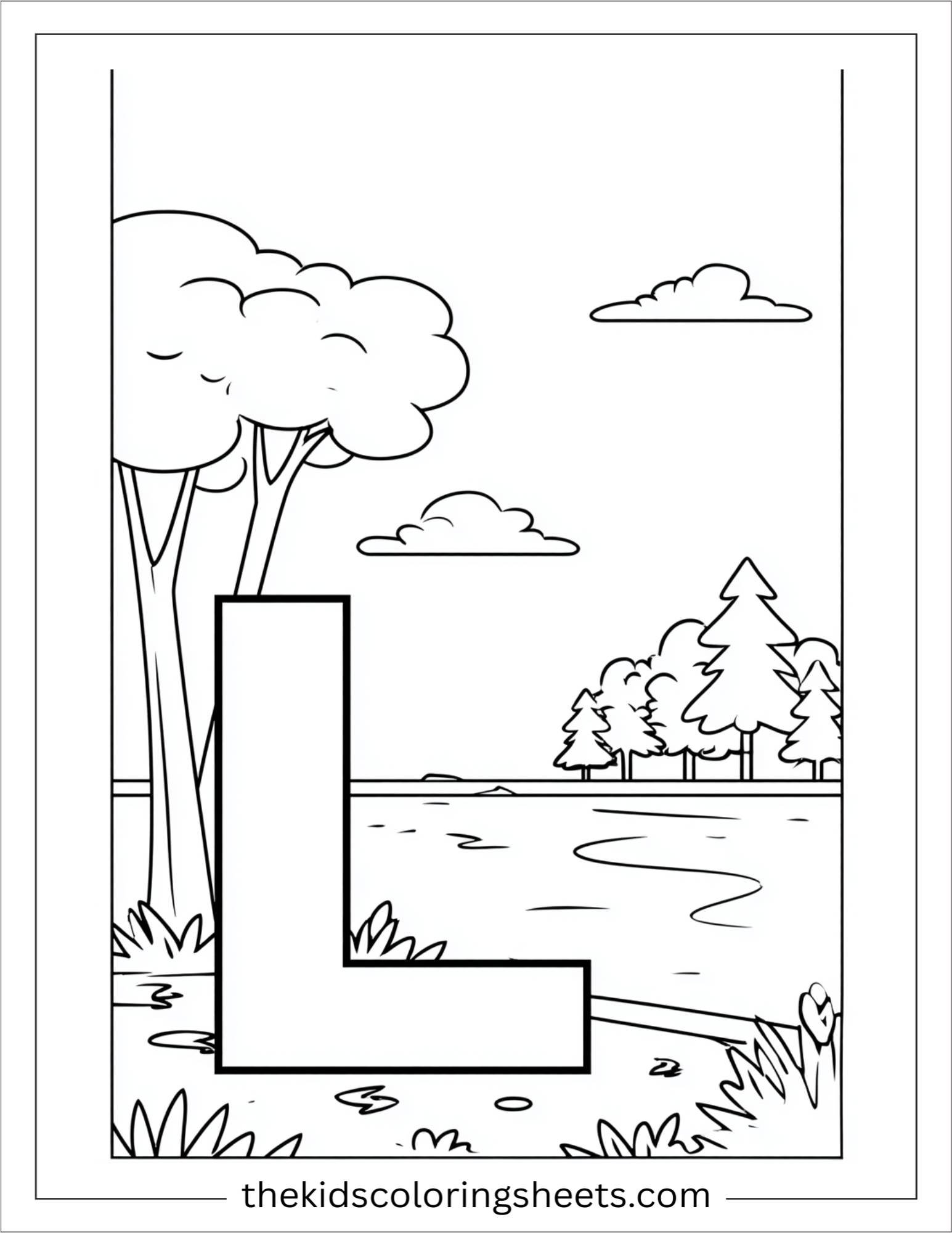 alphabet L lake coloring page