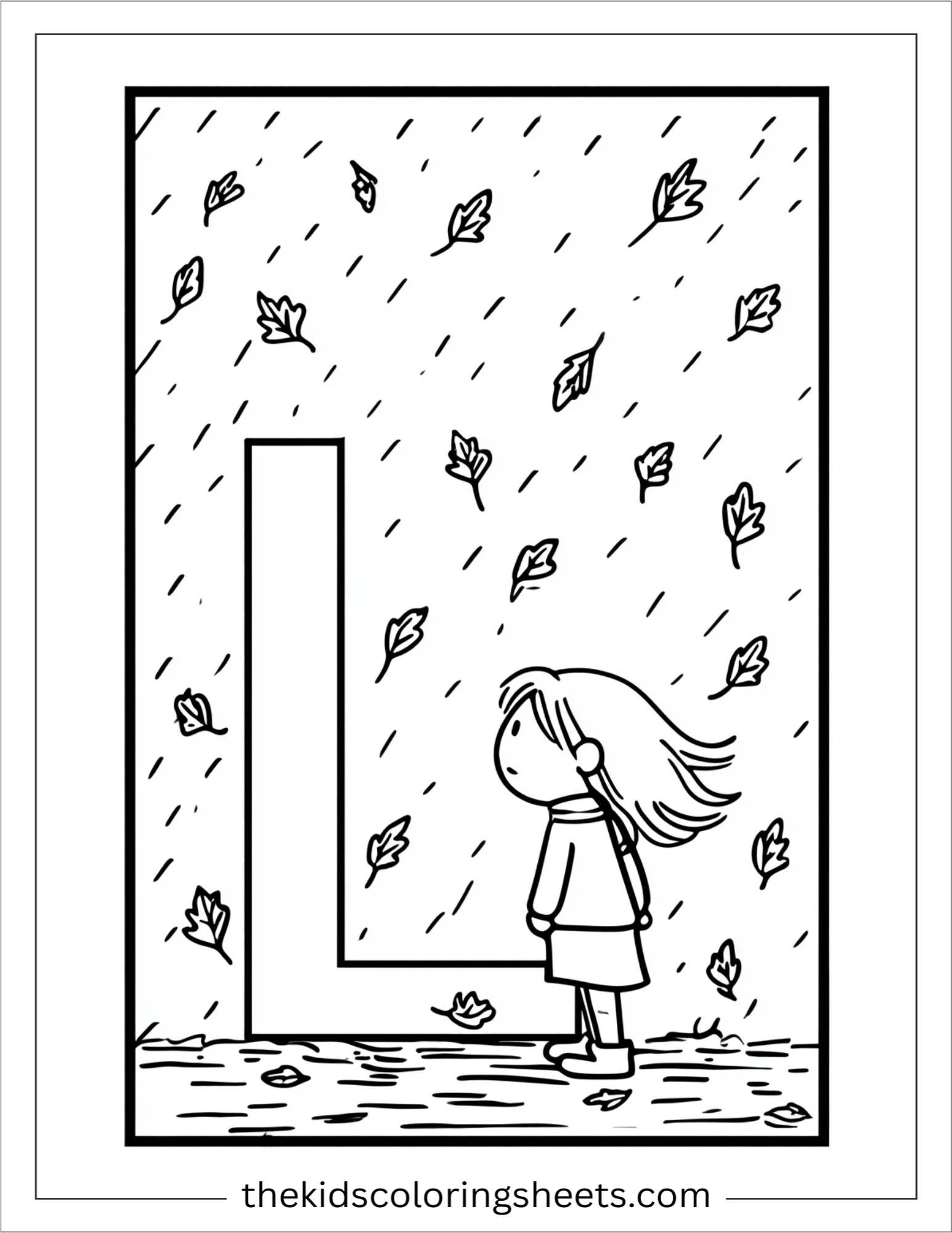 alphabet L leaf rain coloring page