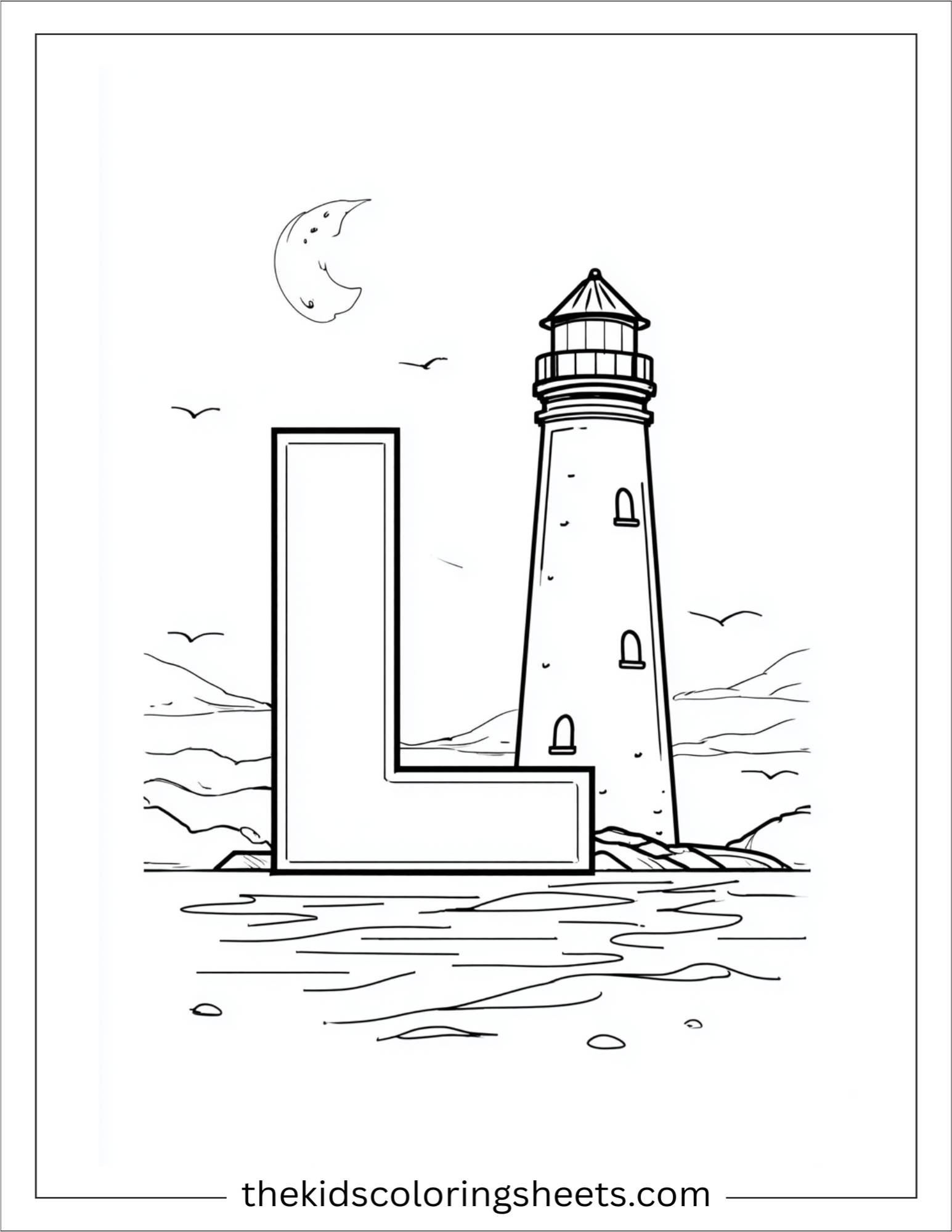 alphabet L lighthouse moon coloring page