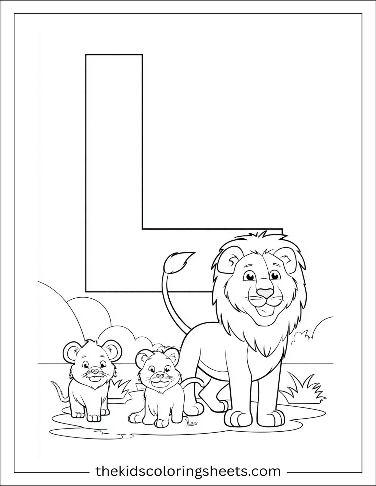 alphabet L lion family coloring page