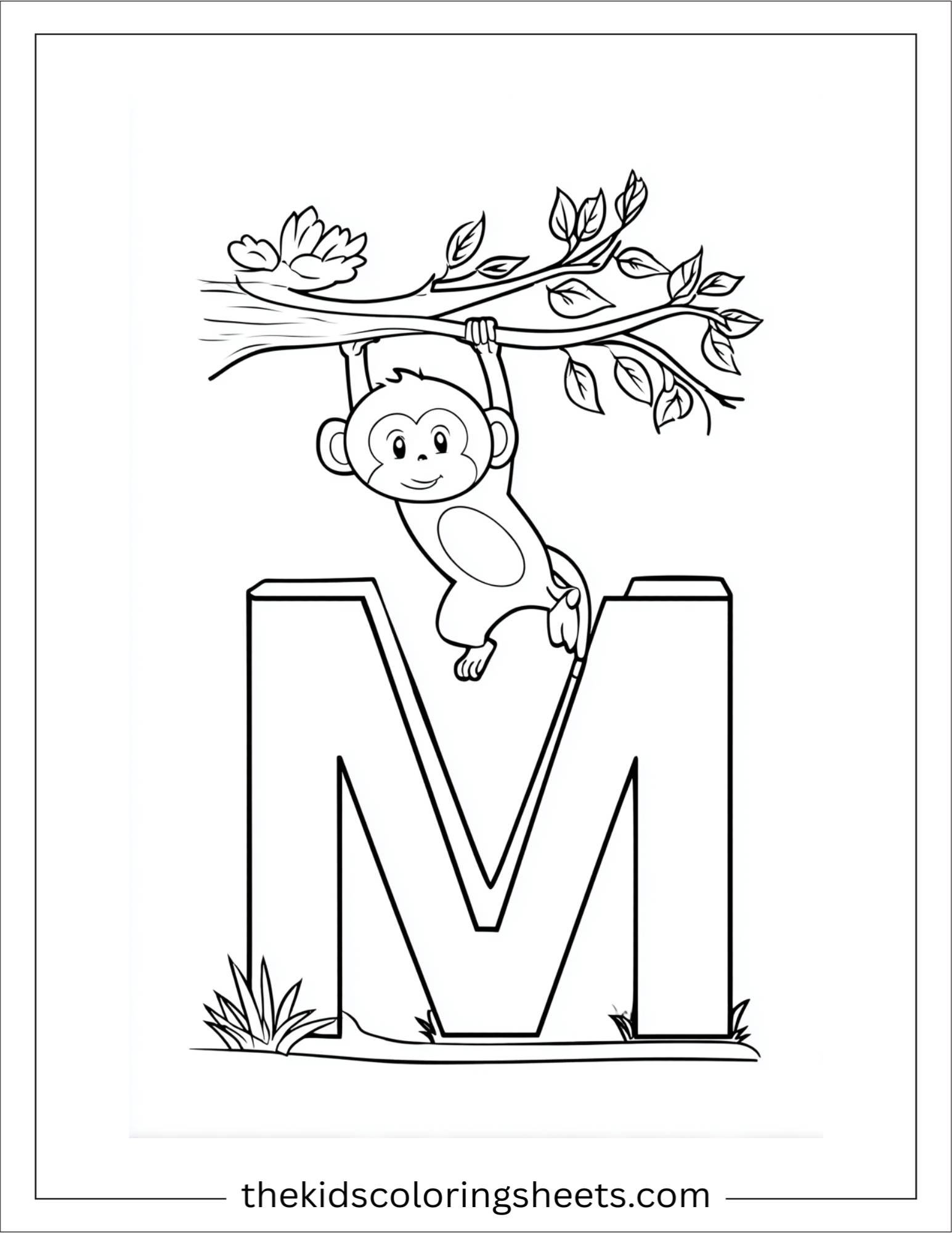 alphabet M monkey tree coloring page