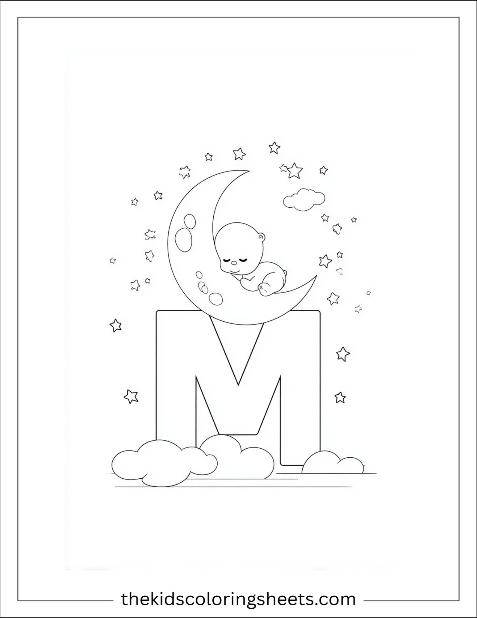 alphabet M moon stars coloring page