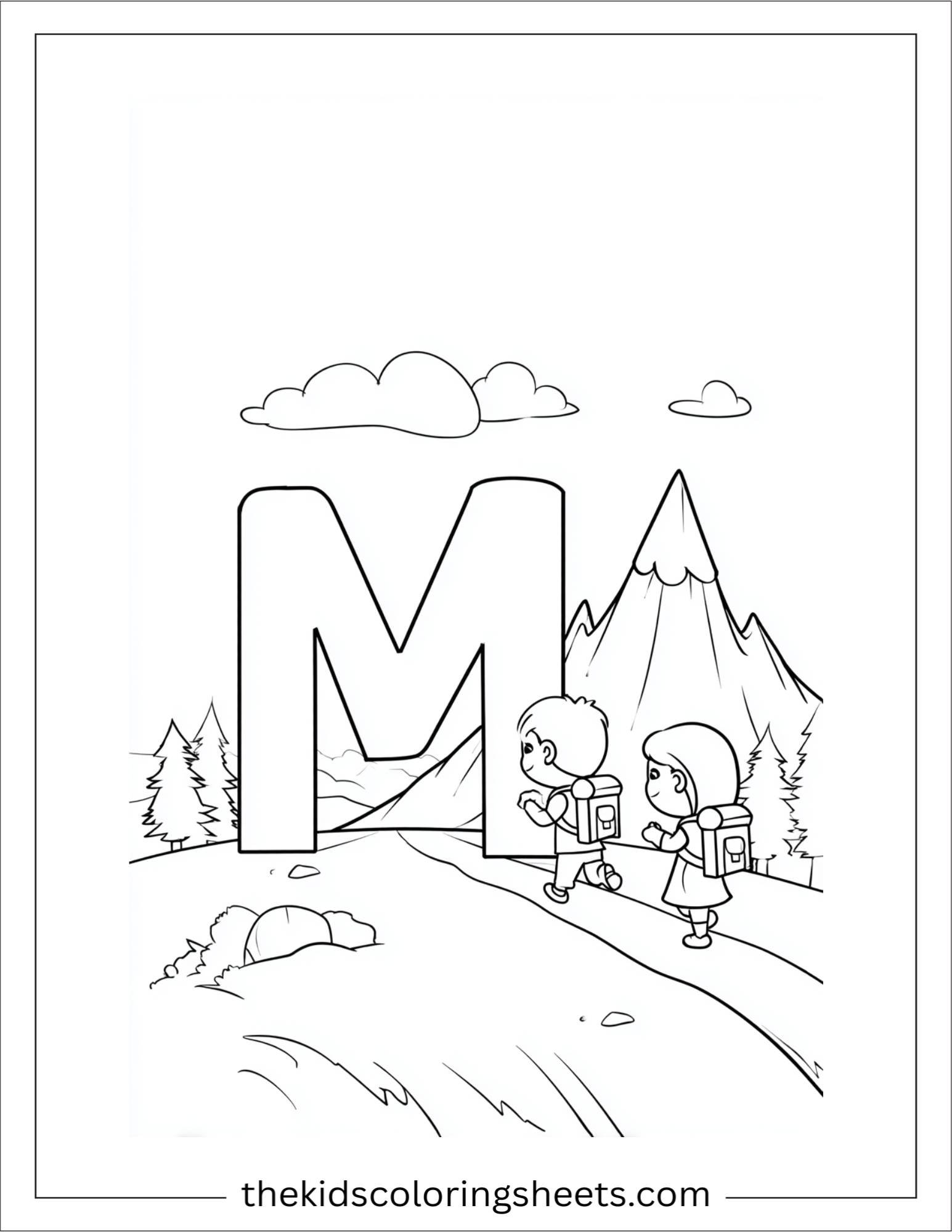 alphabet M mountain hike coloring page