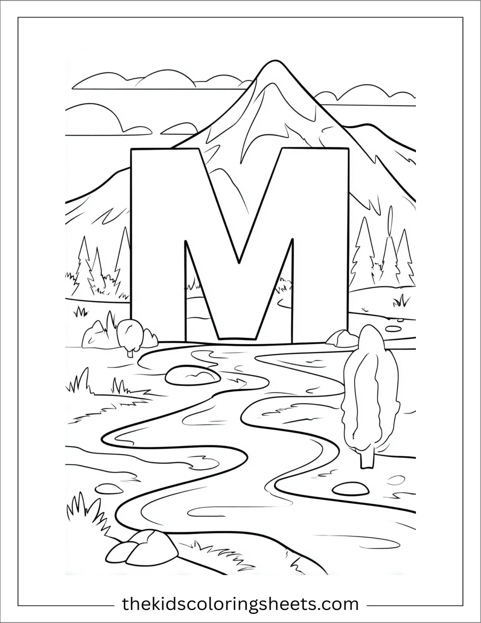 alphabet M mountain river coloring page
