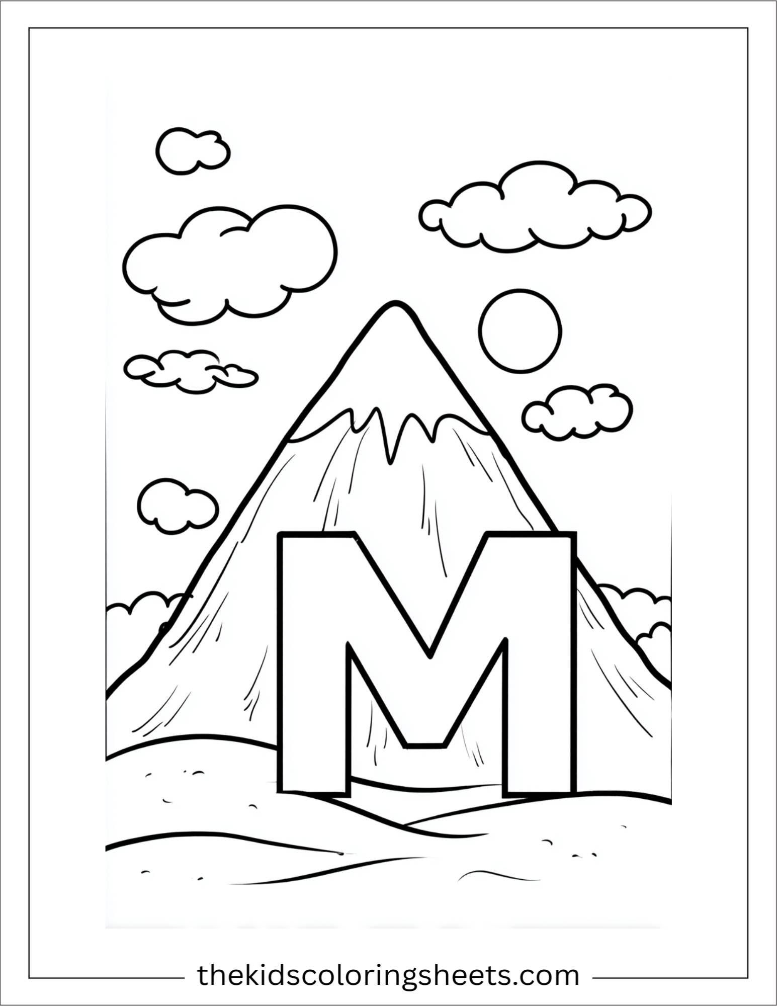 alphabet M mountain snow coloring page