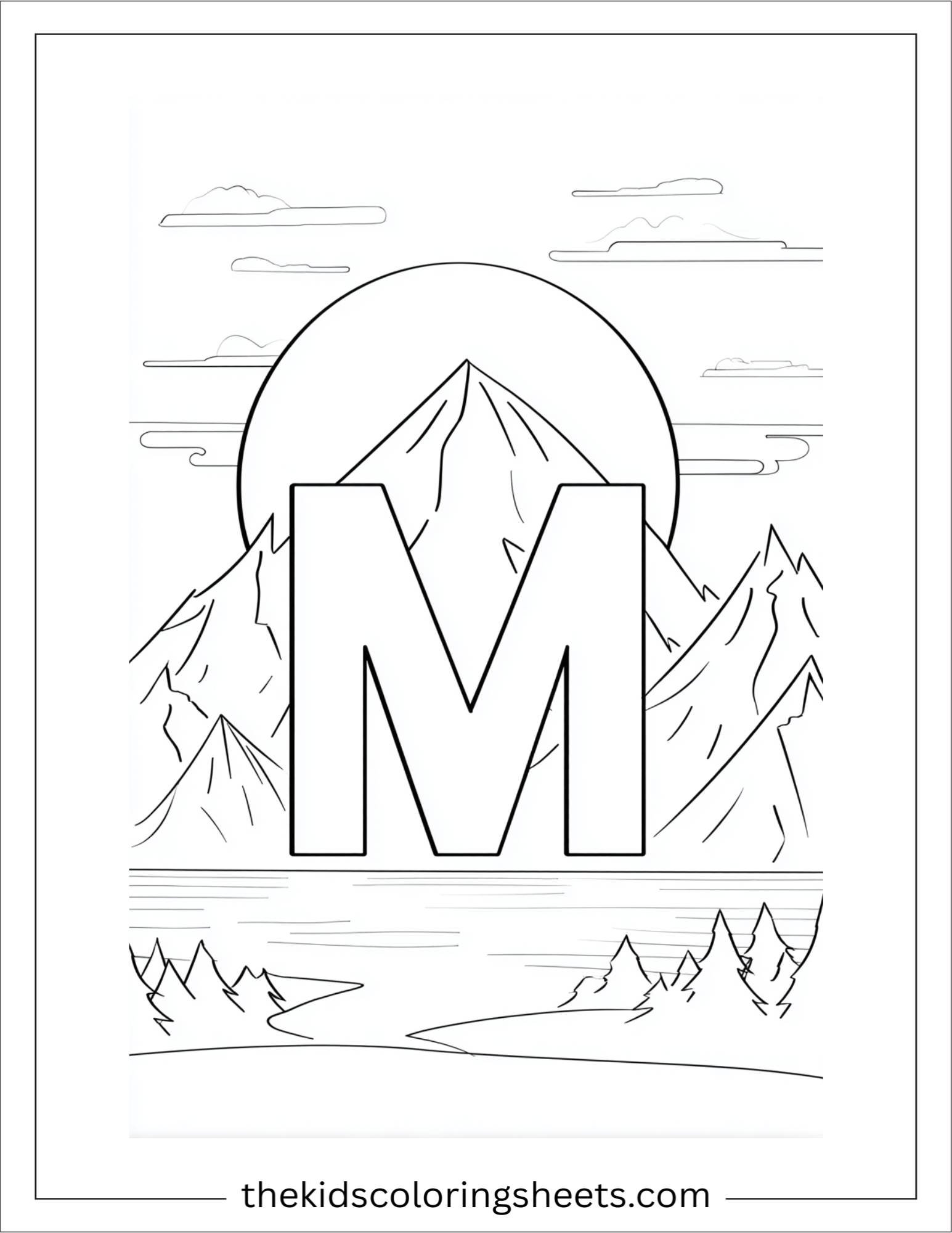 alphabet M mountain sun coloring page