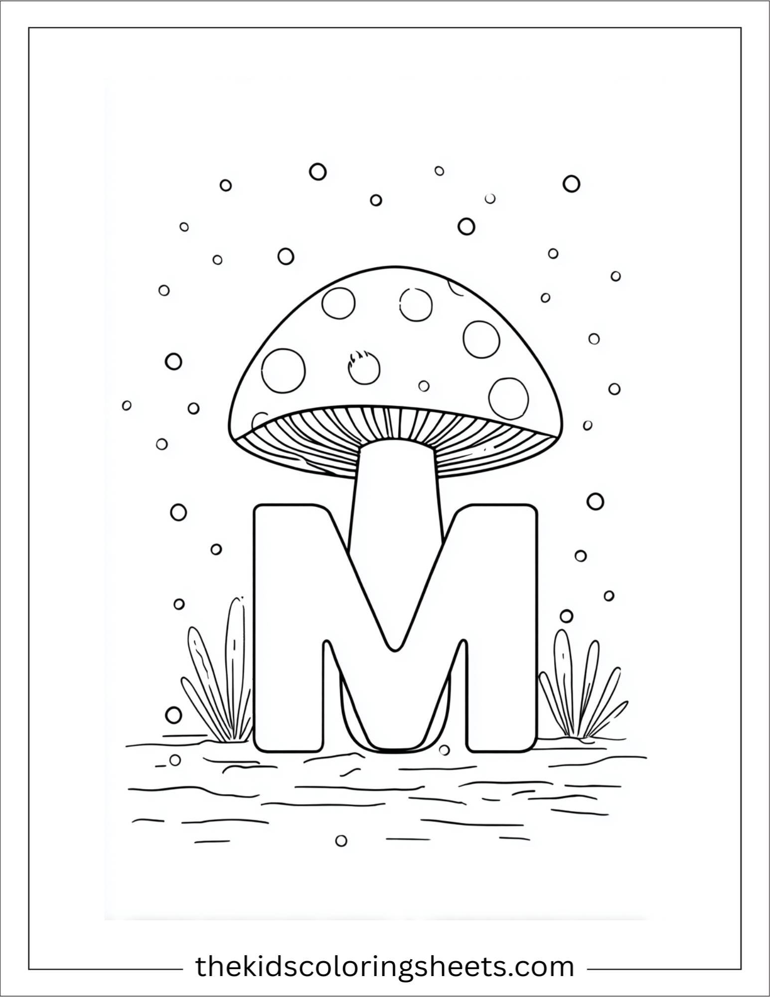 alphabet M mushroom coloring page