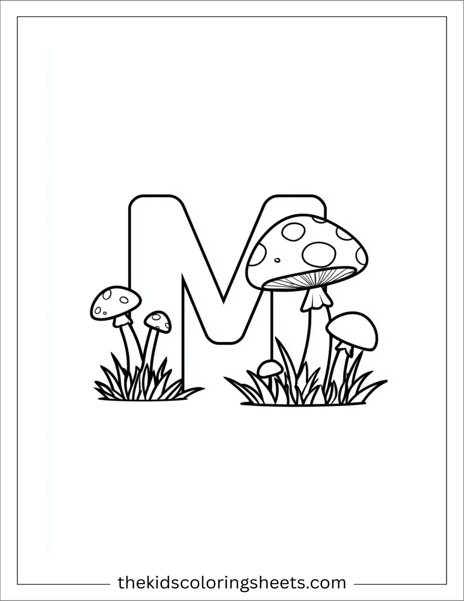 alphabet M mushroom forest coloring page