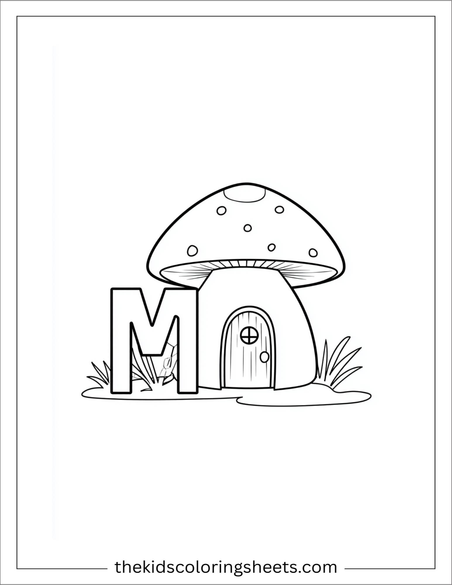 alphabet M mushroom house coloring page