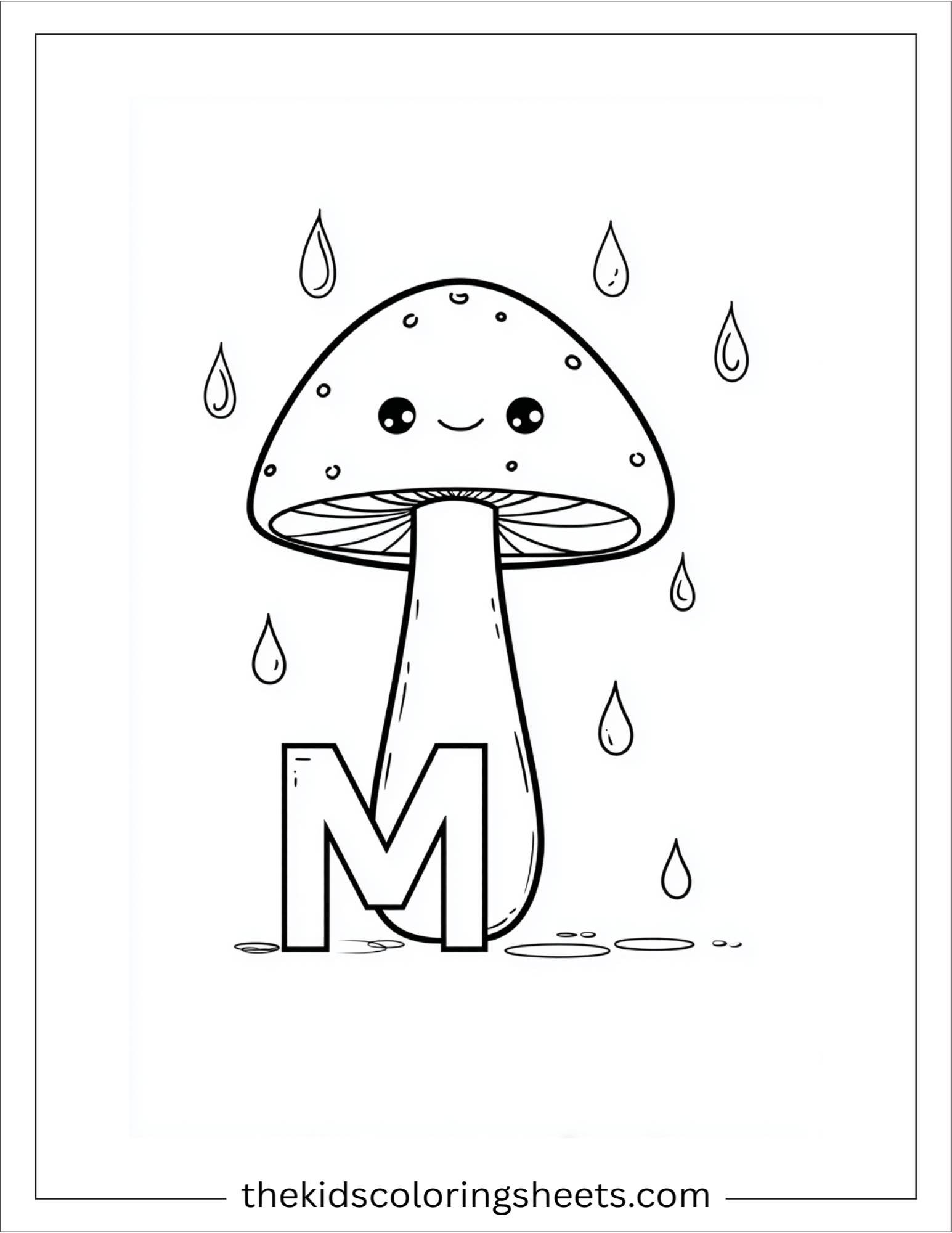 alphabet M mushroom rain coloring page