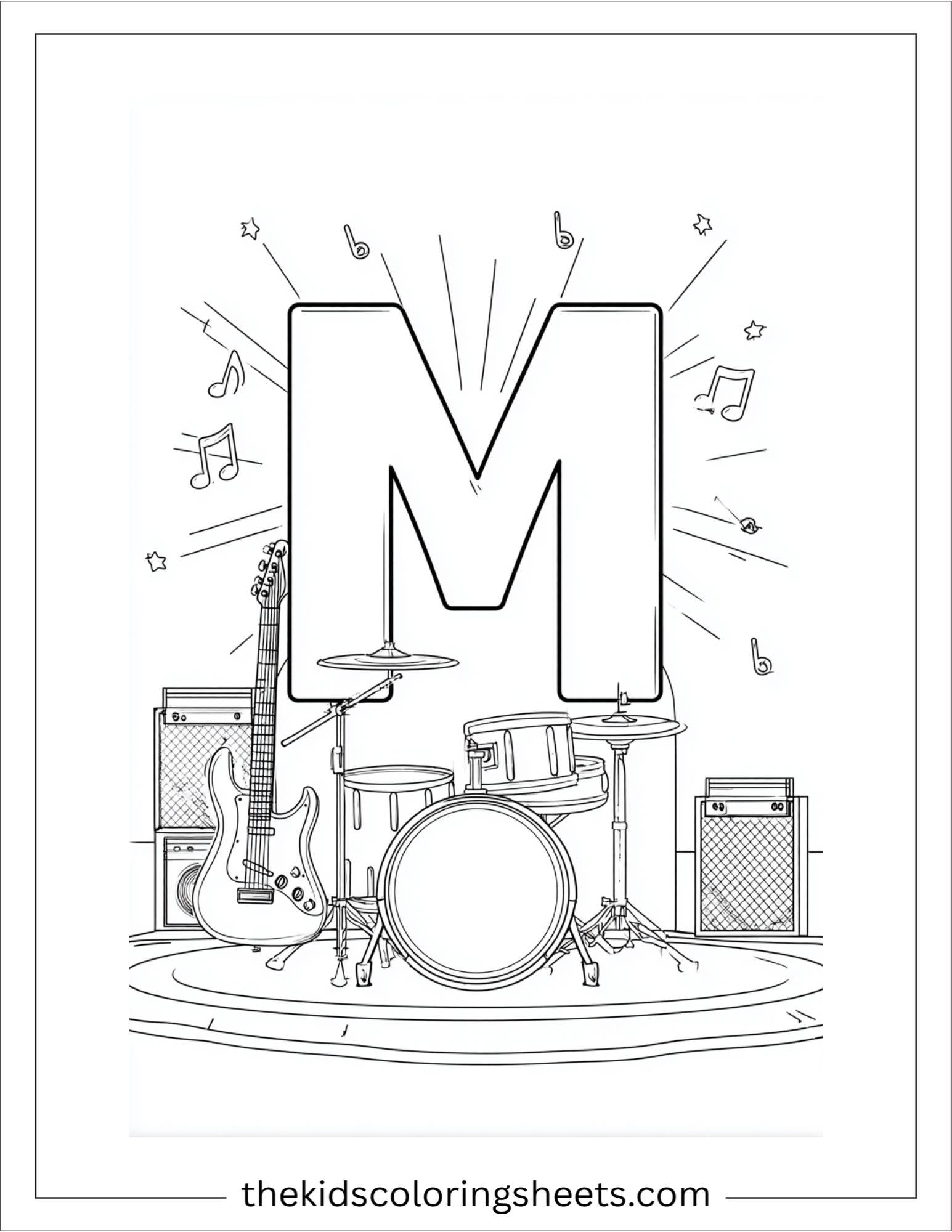 alphabet M music instruments coloring page