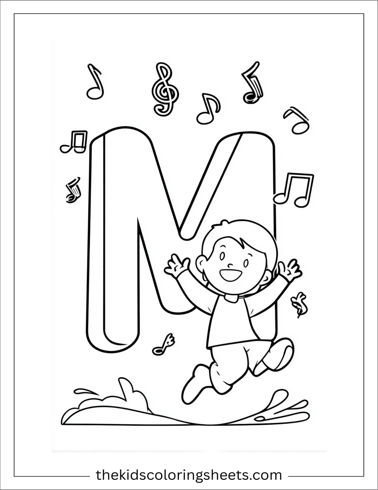 alphabet M music notes coloring page