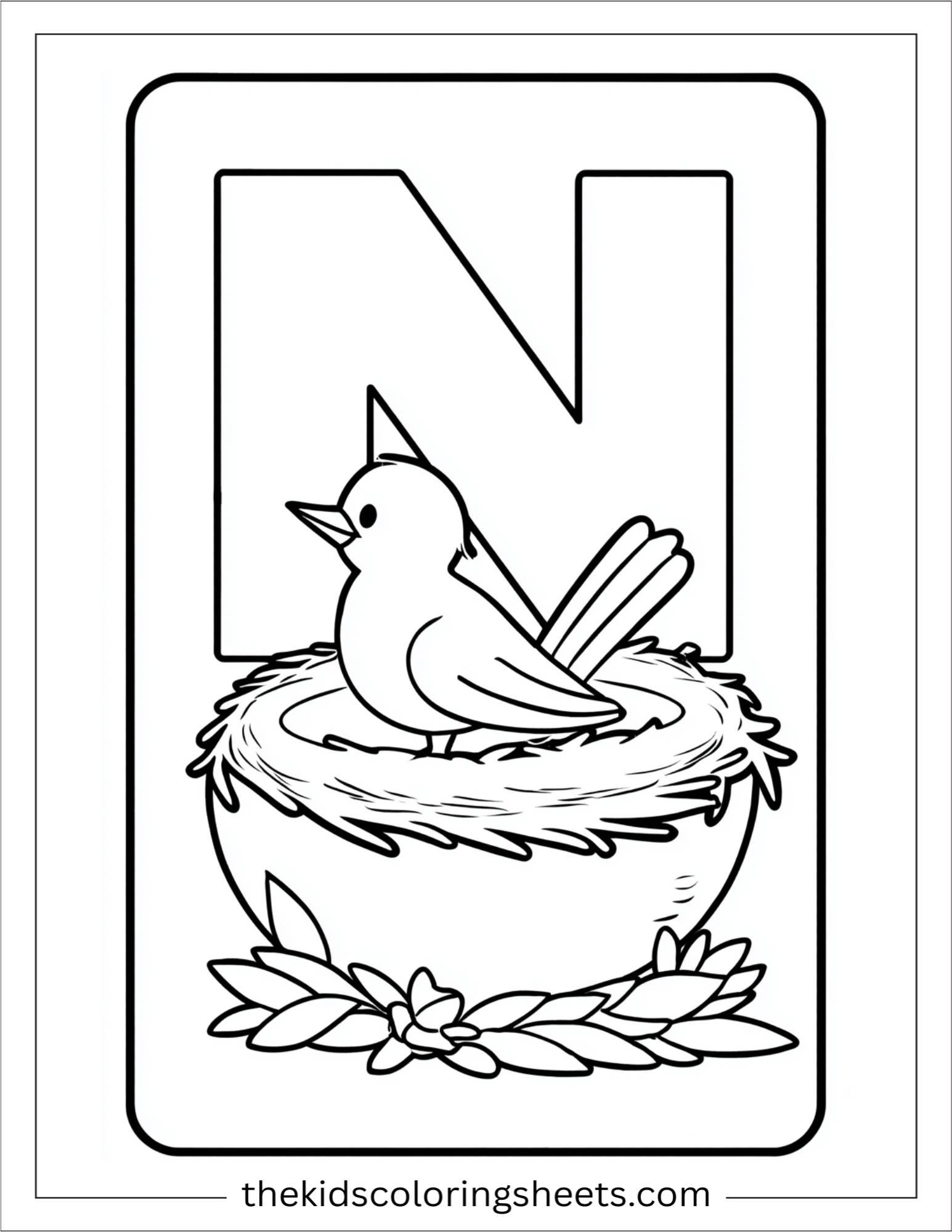 alphabet N nest bird coloring page