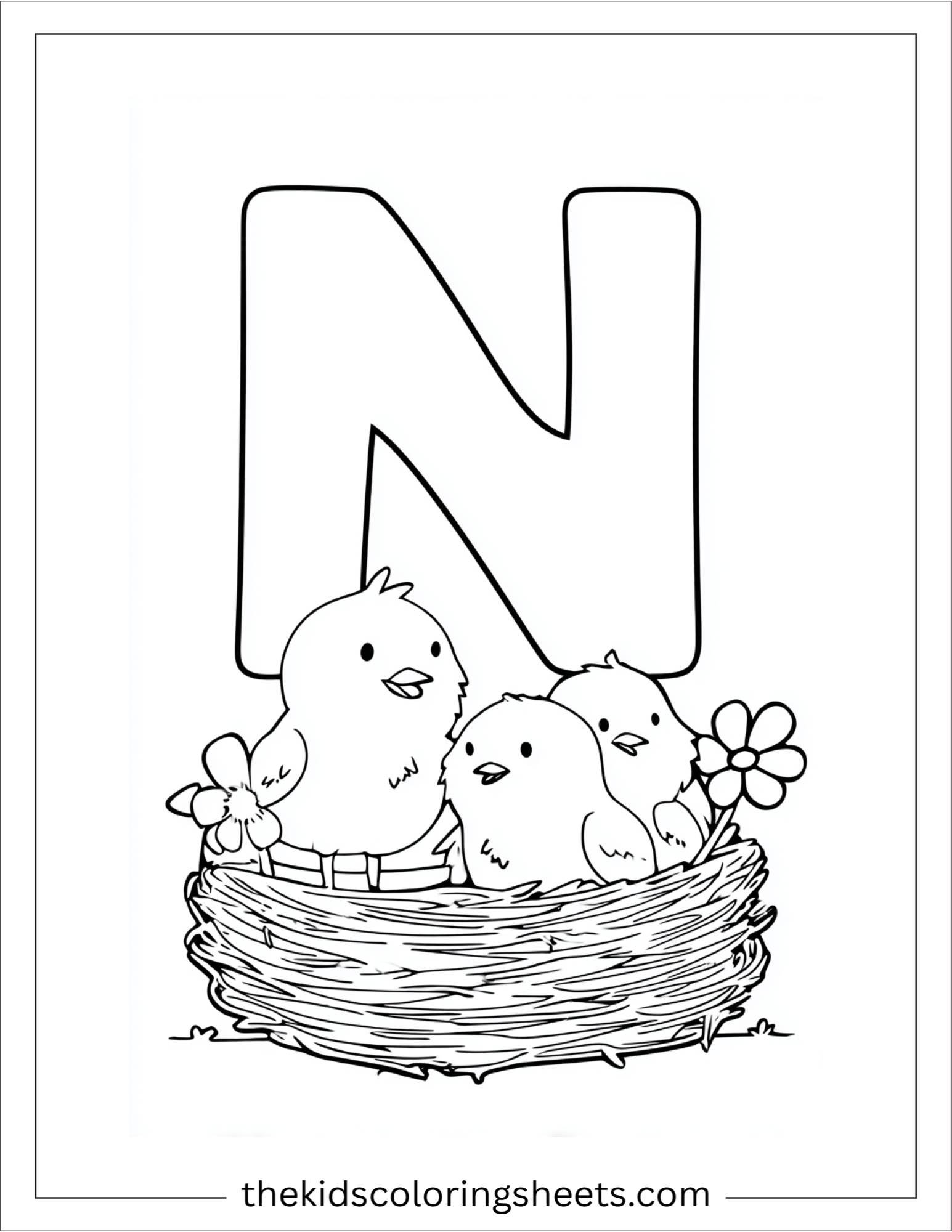 alphabet N nest chicks coloring page