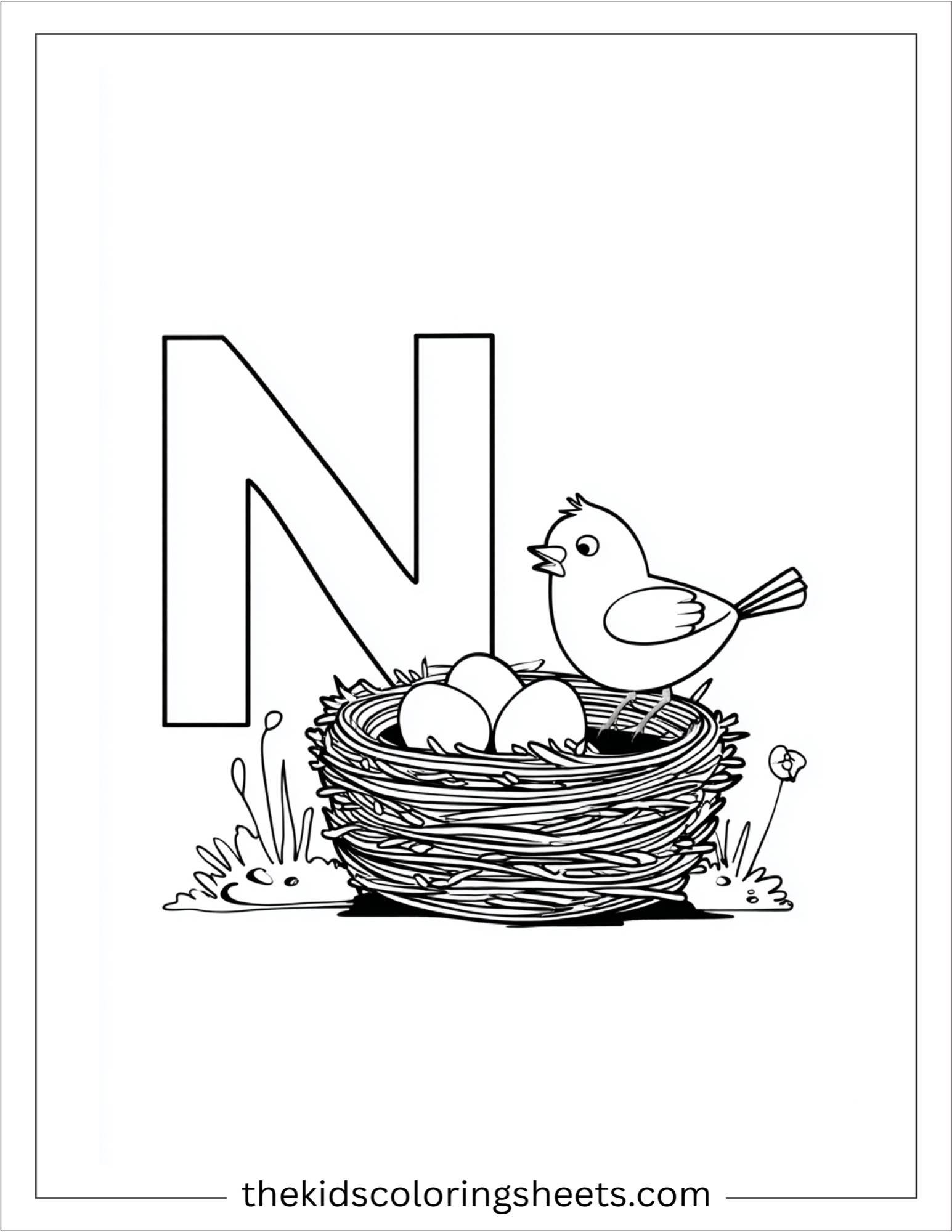 alphabet N nest coloring page