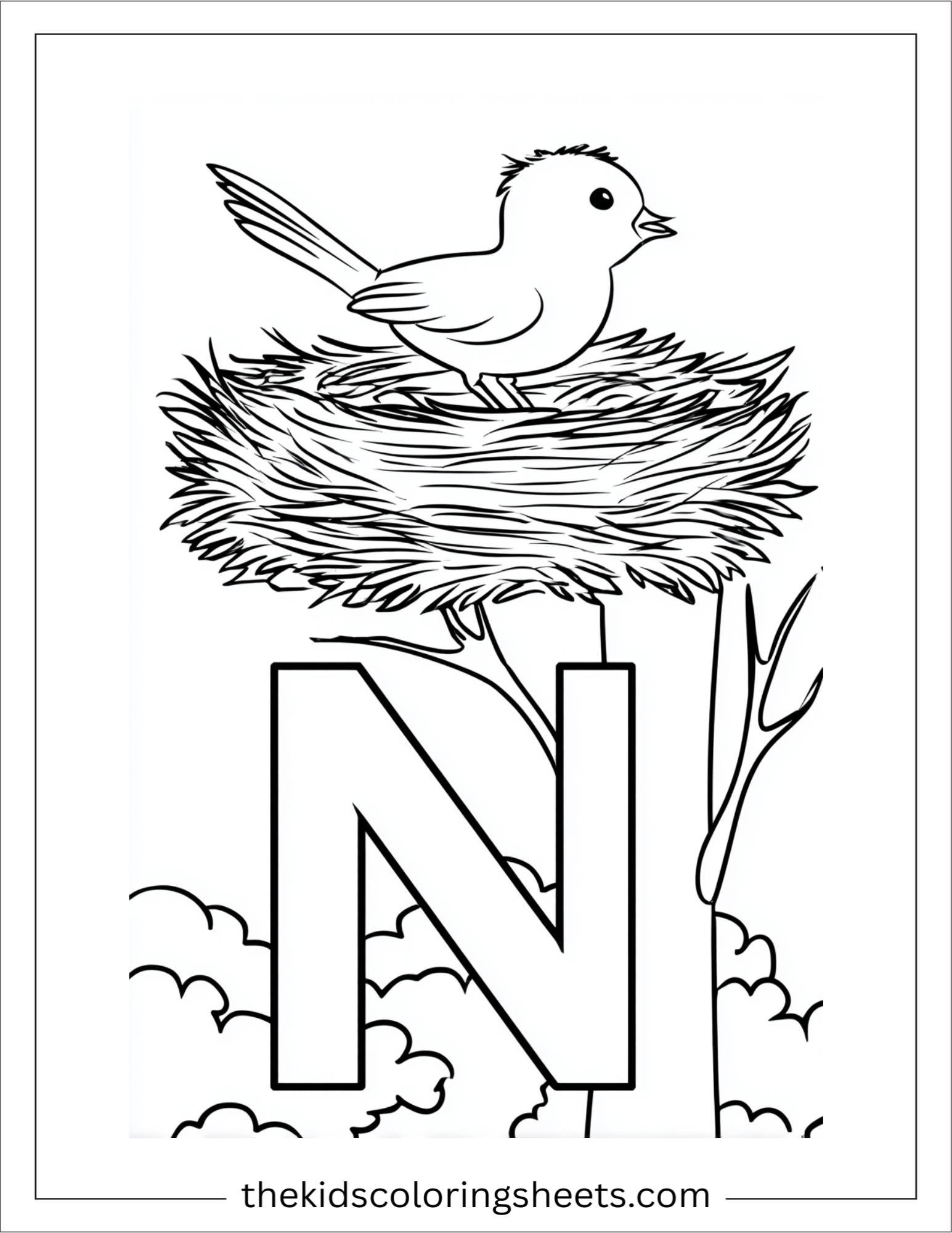 alphabet N nest tree coloring page